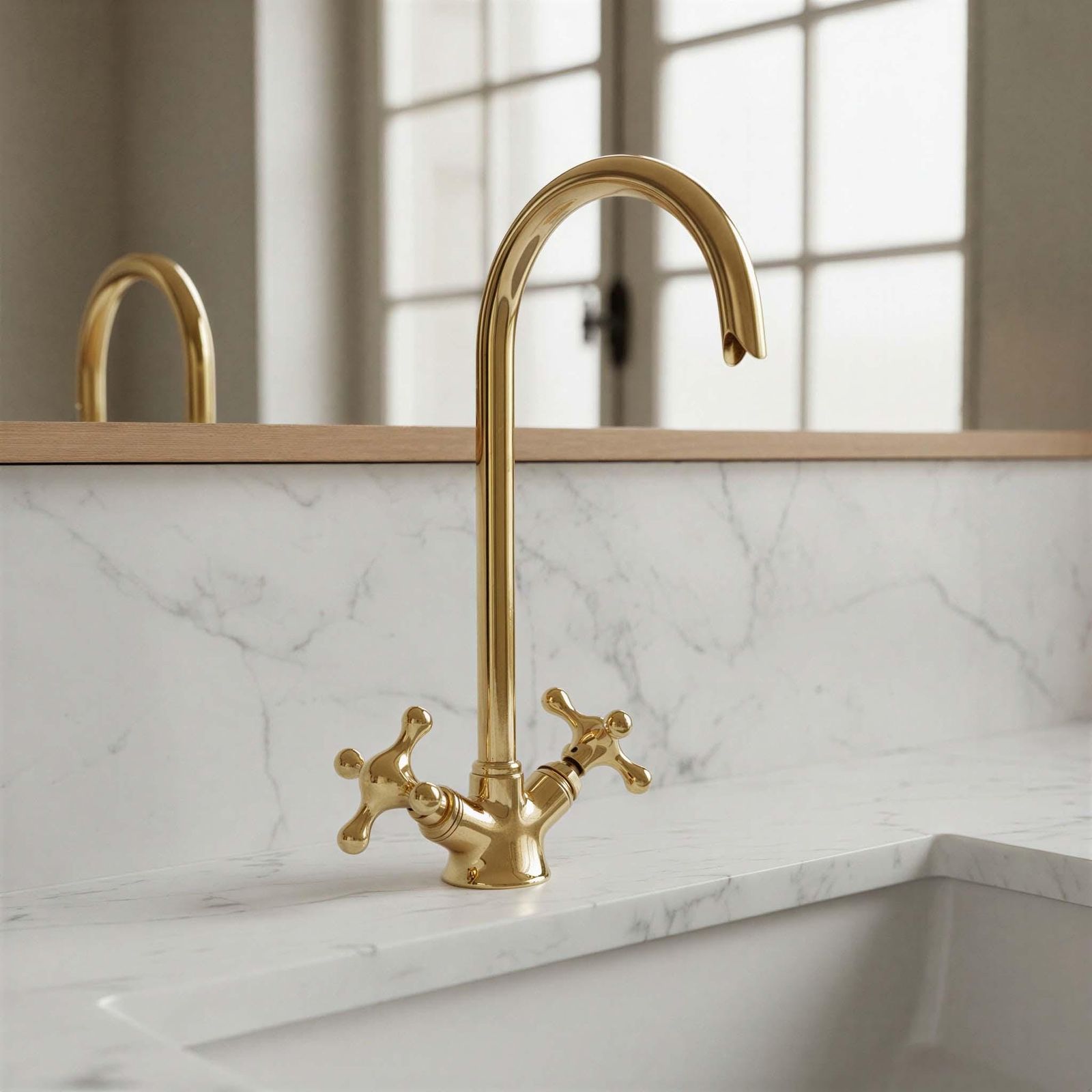 Gold kitchen faucet on a marble countertop with a neutral background
