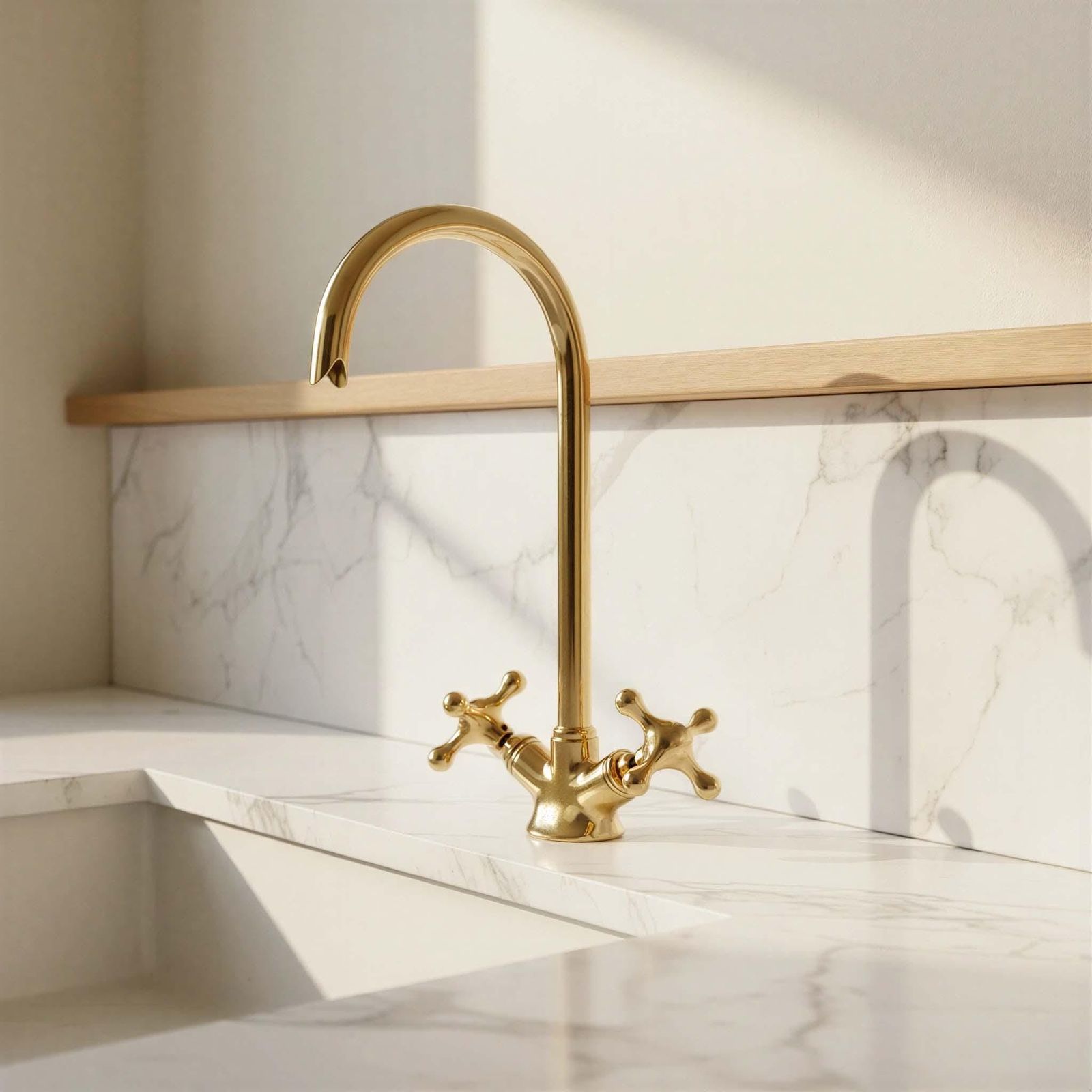 Gold kitchen faucet on a marble countertop with a neutral background