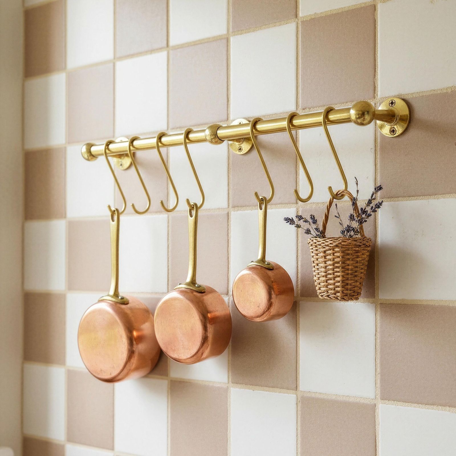 Copper pots hanging on a gold rod against a tiled wall