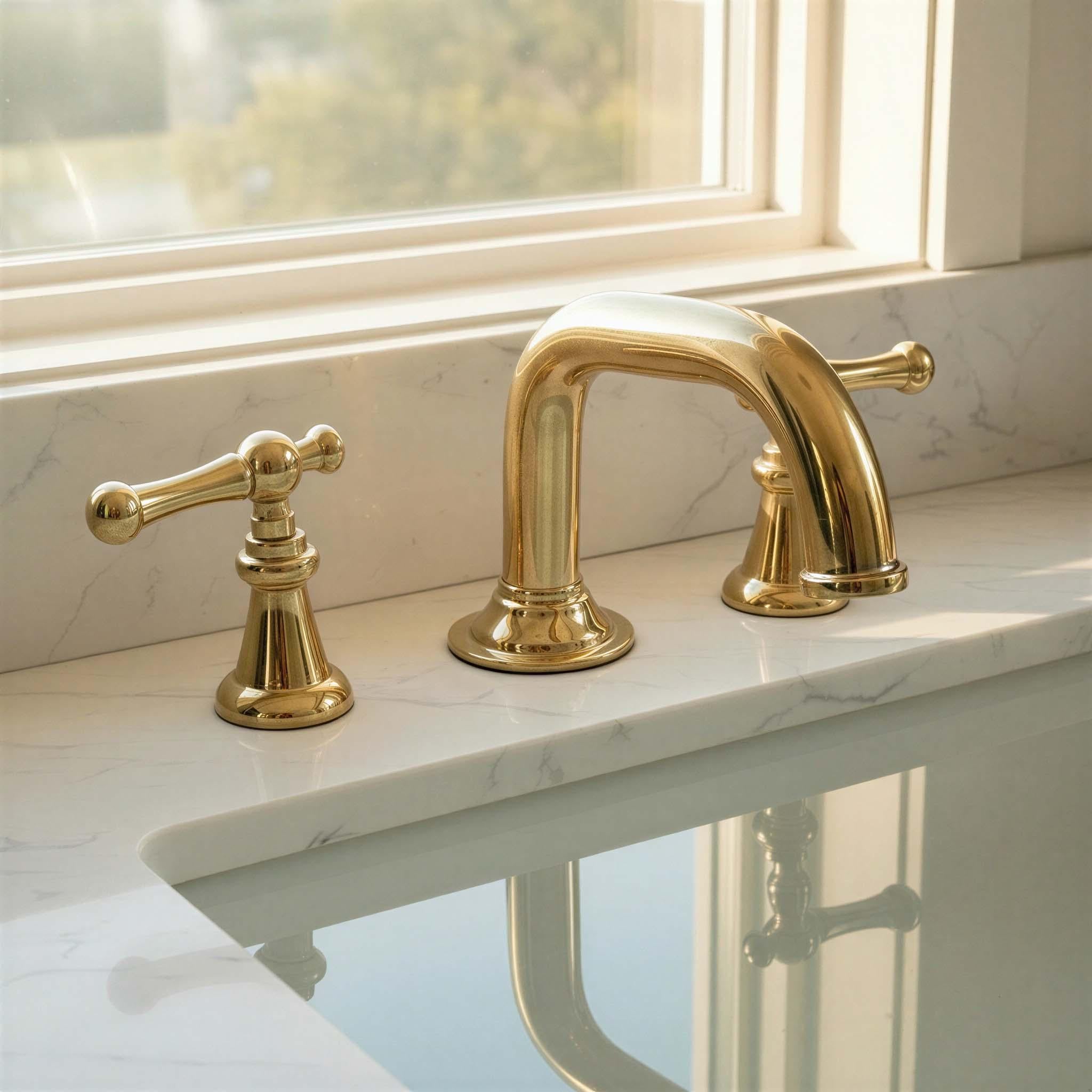 Gold bathroom faucet set on a marble countertop with a window in the background
