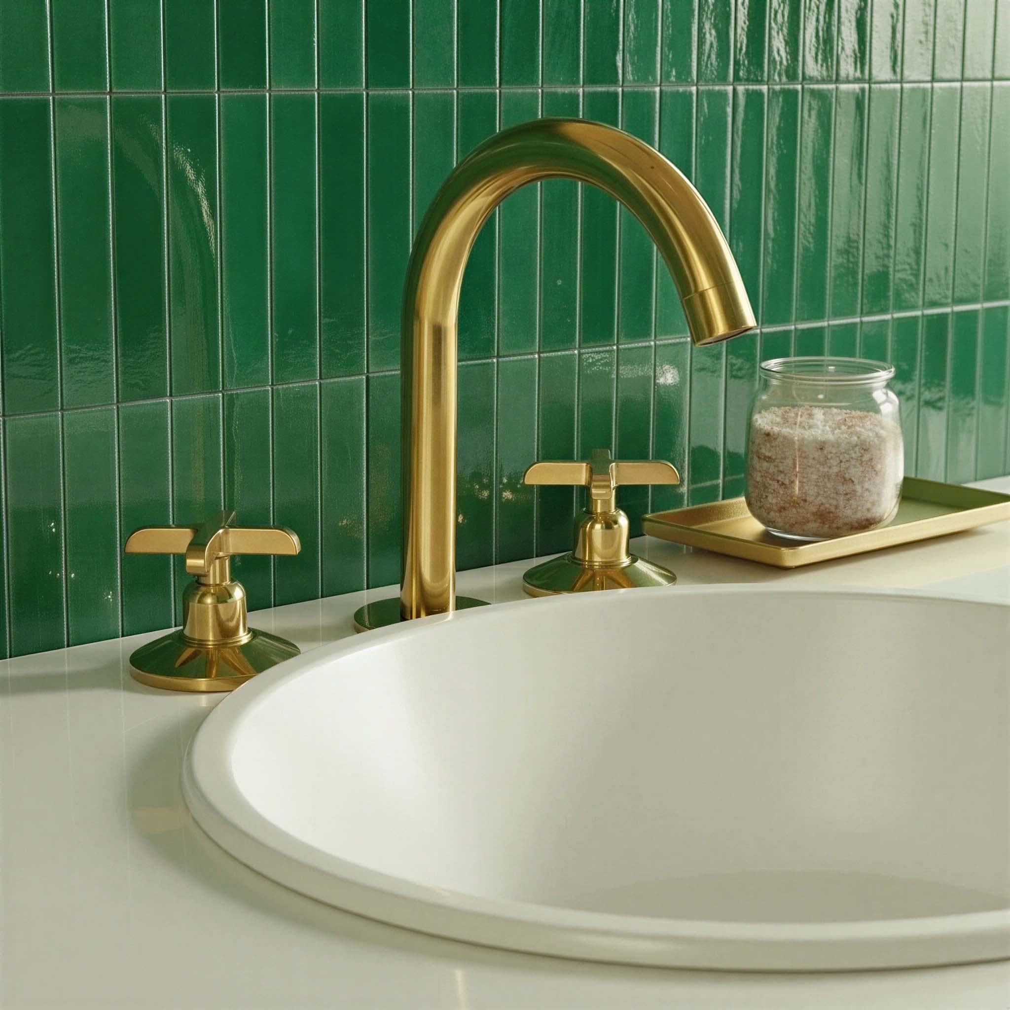 Gold faucet and handles on a white sink with green tiled wall