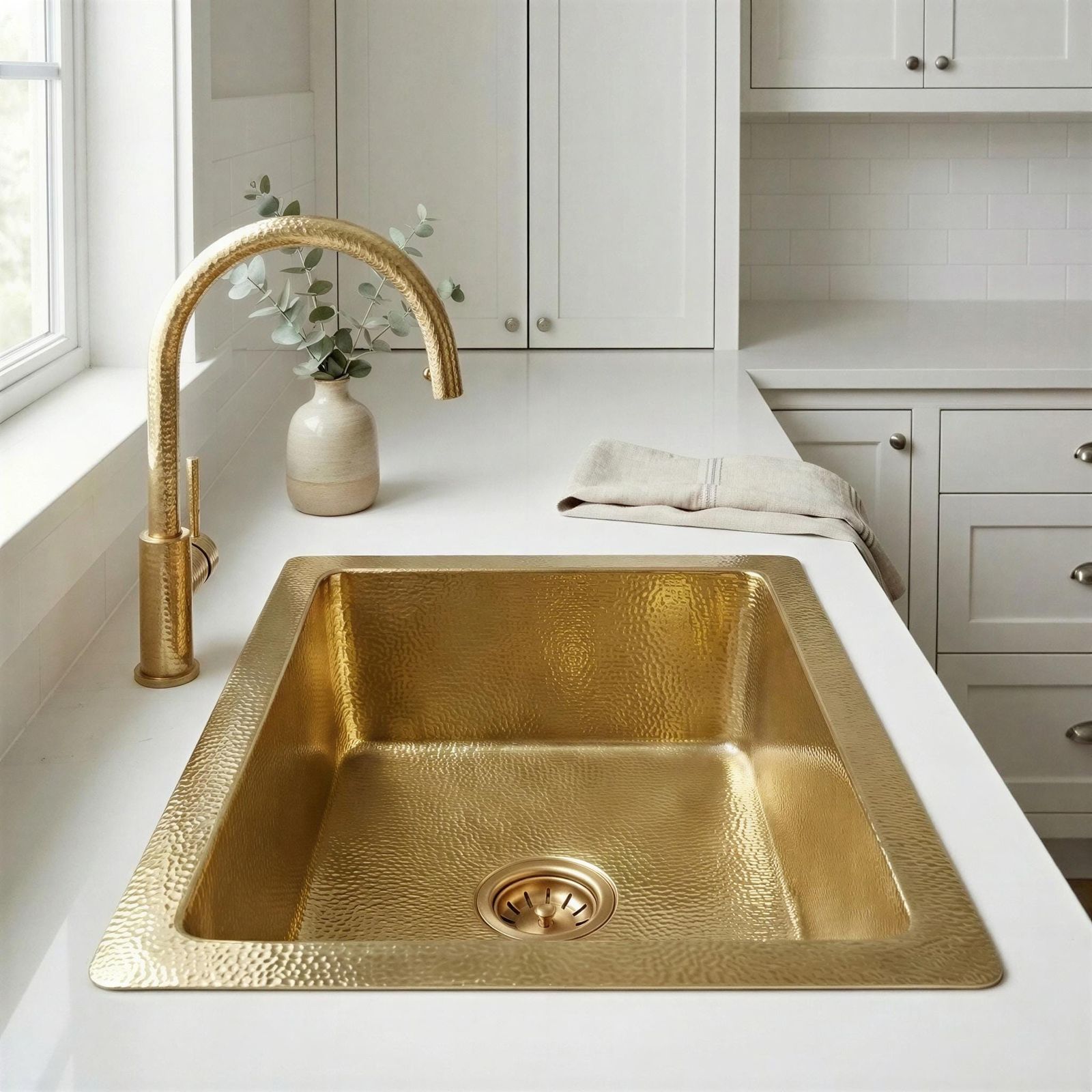 Gold kitchen sink with faucet in a bright kitchen setting