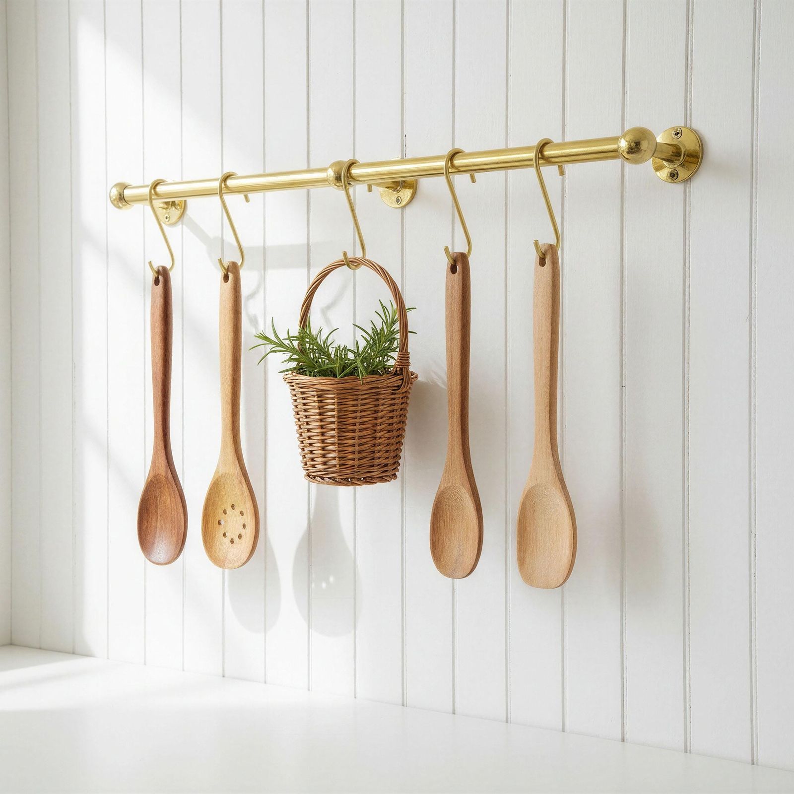 Wooden spoons and a small basket with a plant hanging on a gold rod against a white wooden panel background.
