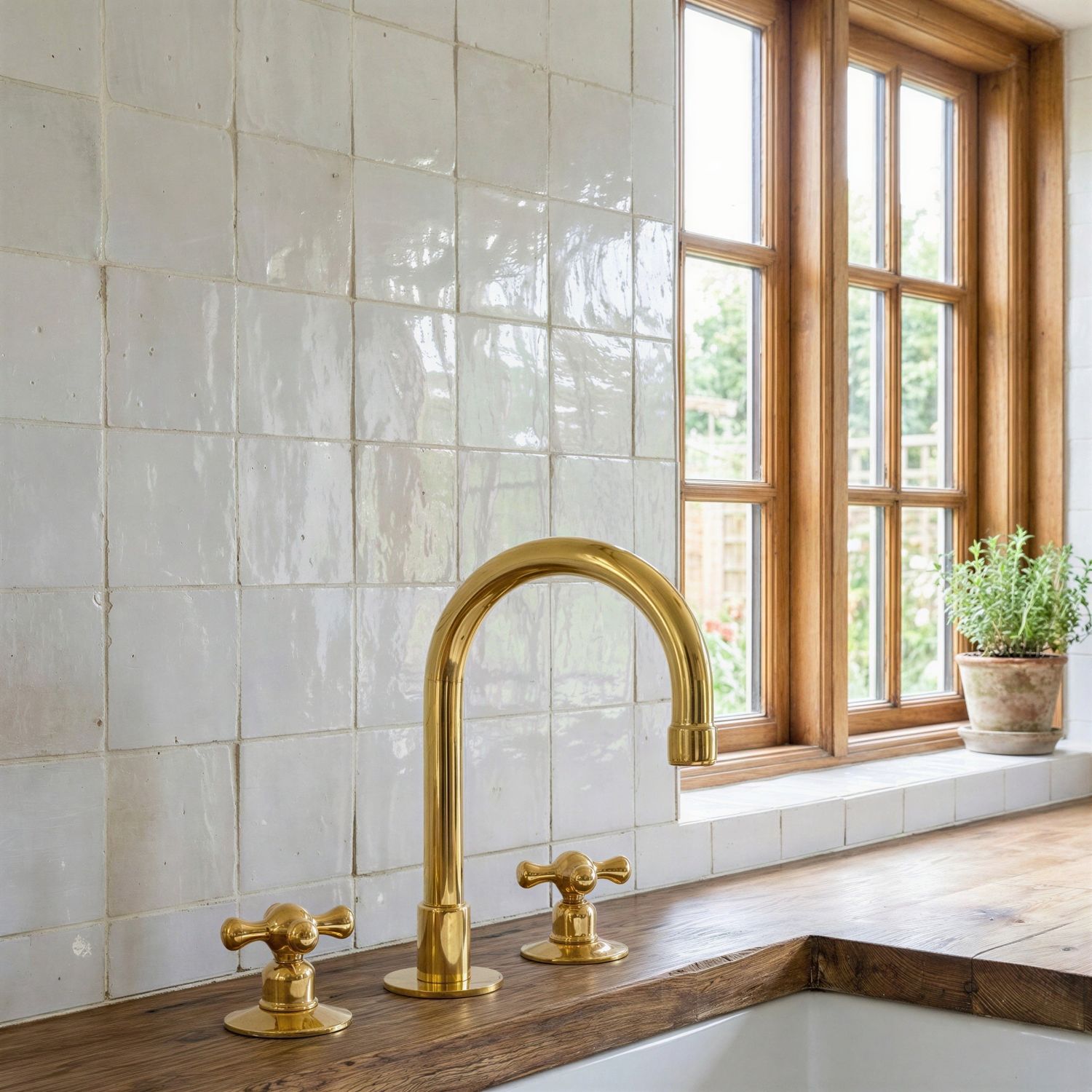 Unlacquered Brass Widespread Faucet with Cross Handles, High Arc Gooseneck Spout, 3-Hole Deck Mount Mixer