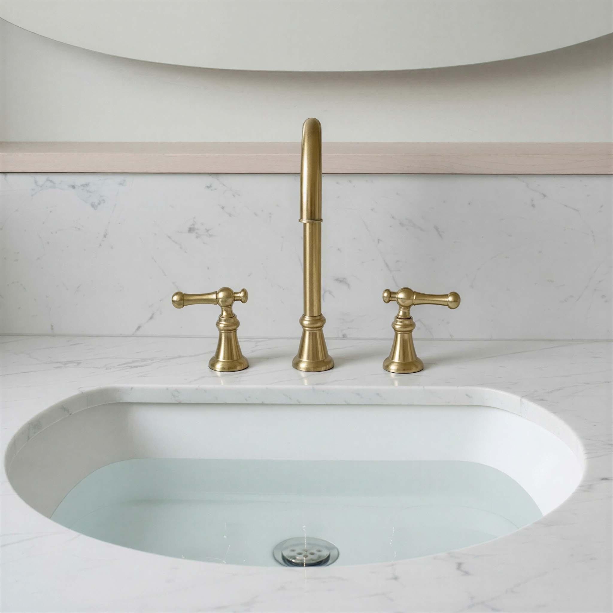 Gold faucet set on a marble sink with a neutral background