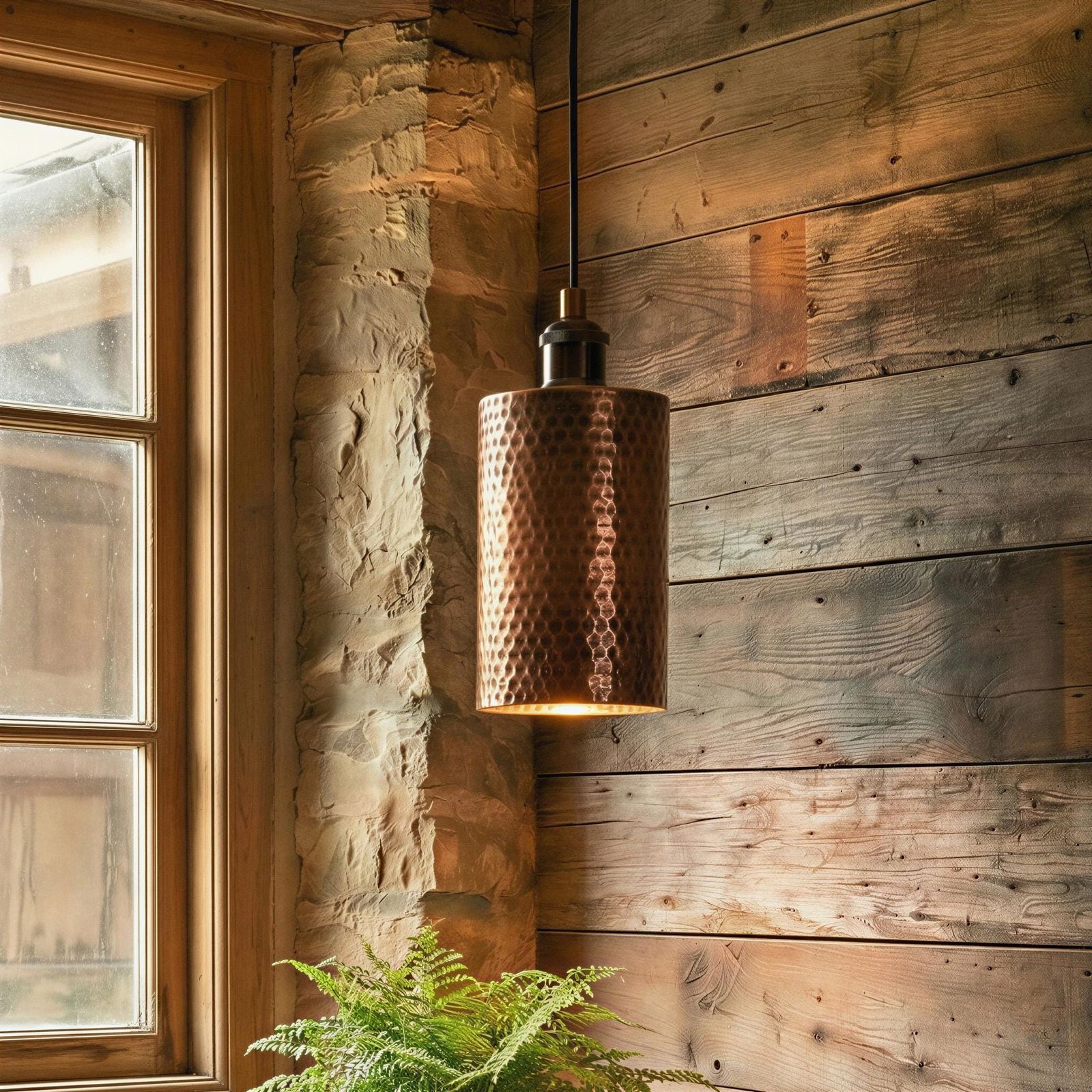 Copper pendant light hanging in a room with wooden walls and a window.