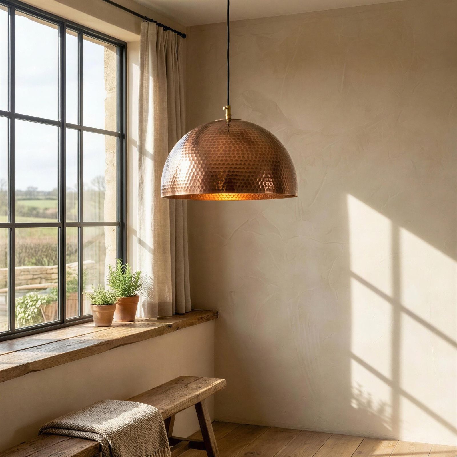 Copper pendant light hanging in a room with a window and wooden bench.