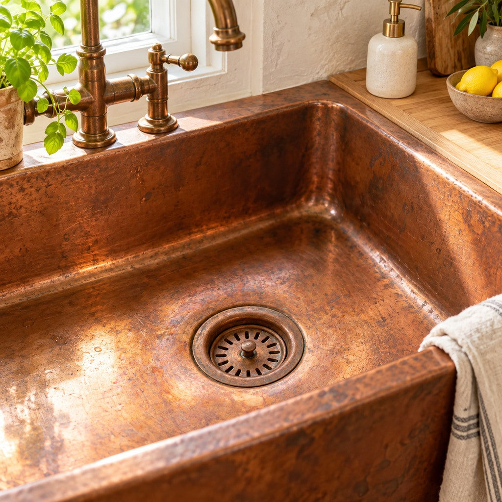 Aged copper kitchen sink drain strainer installed in a farmhouse copper sink