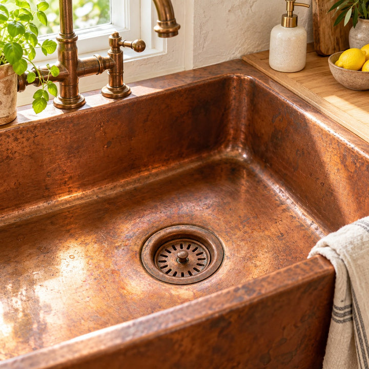 Aged copper kitchen sink drain strainer installed in a farmhouse copper sink