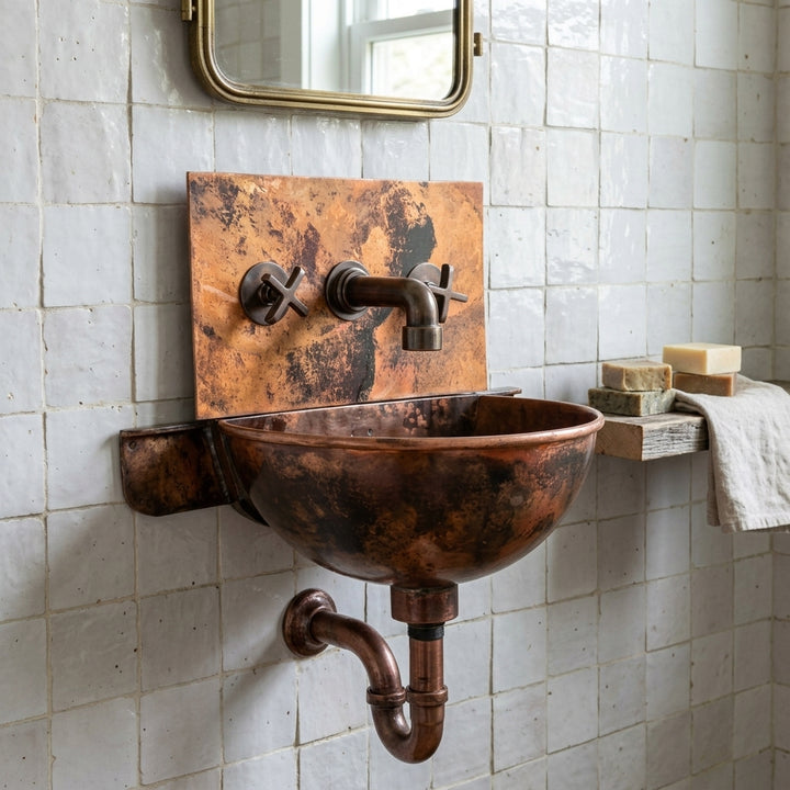 Aged copper wall mounted sink with matching backplate and faucet detail