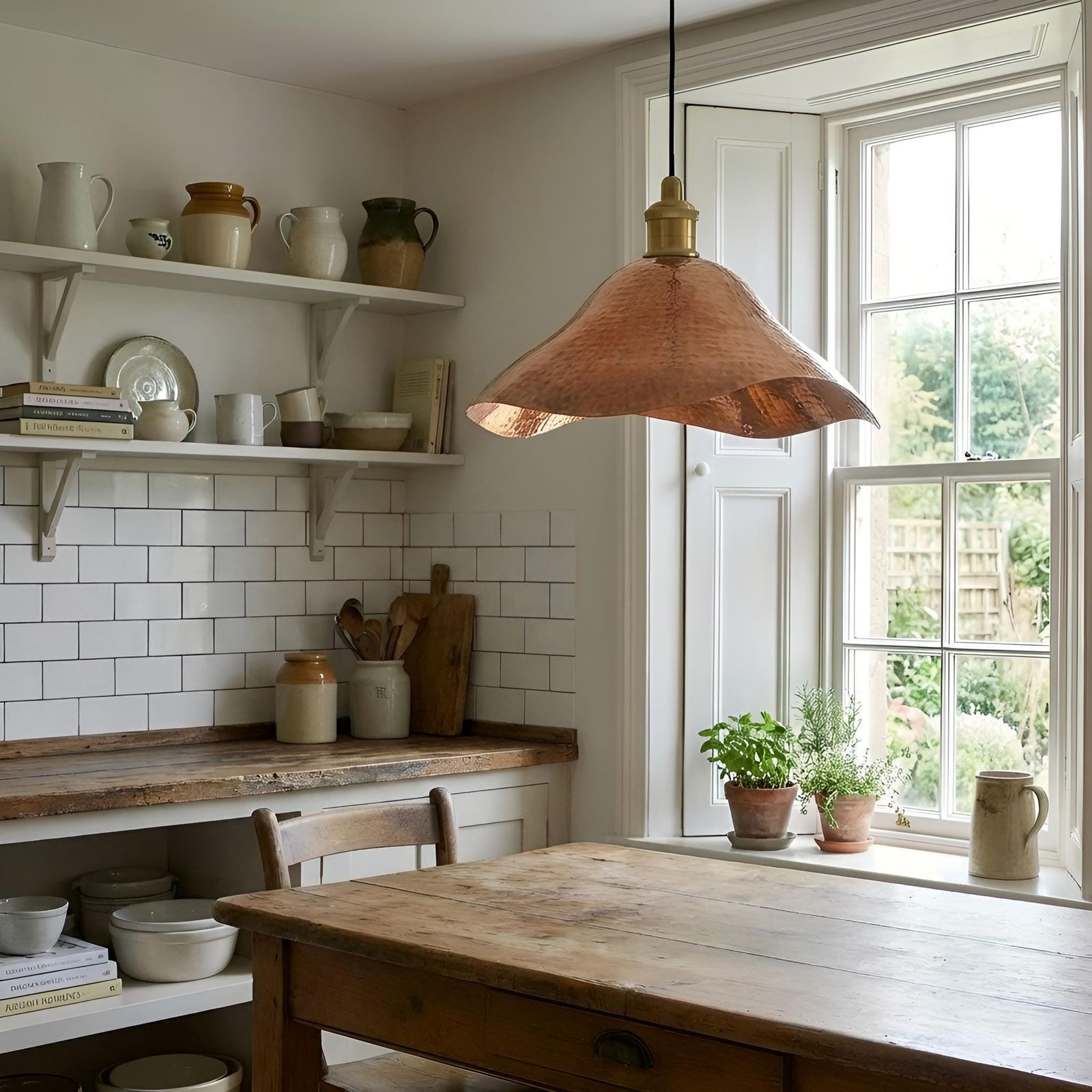Cozy kitchen with wooden table, pendant light, and window view