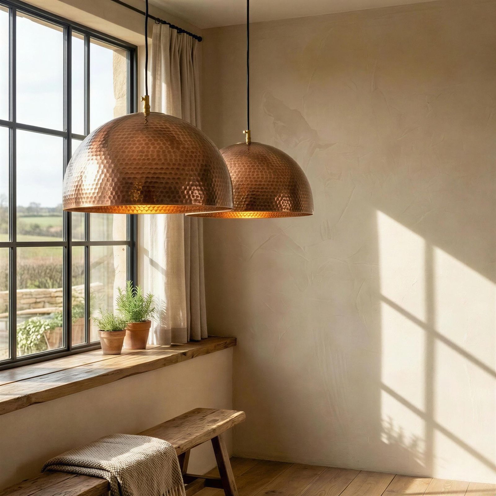 Copper pendant lights hanging in a room with a window and wooden bench.