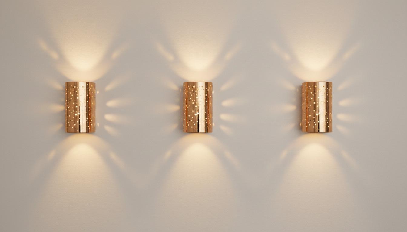 Three matching cylindrical wall sconces with a textured metallic rose gold finish, mounted on a light beige wall and casting warm light beams downward and outward.