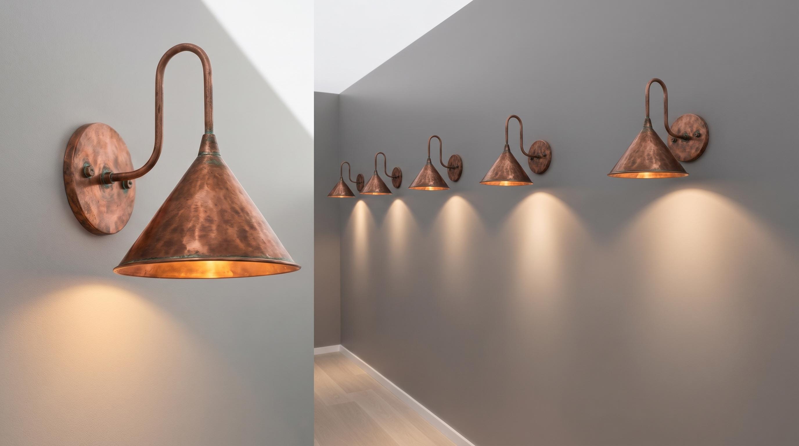A copper-toned industrial-style wall sconce shown close-up on the left and installed along a gray wall on the right, casting warm light downward.