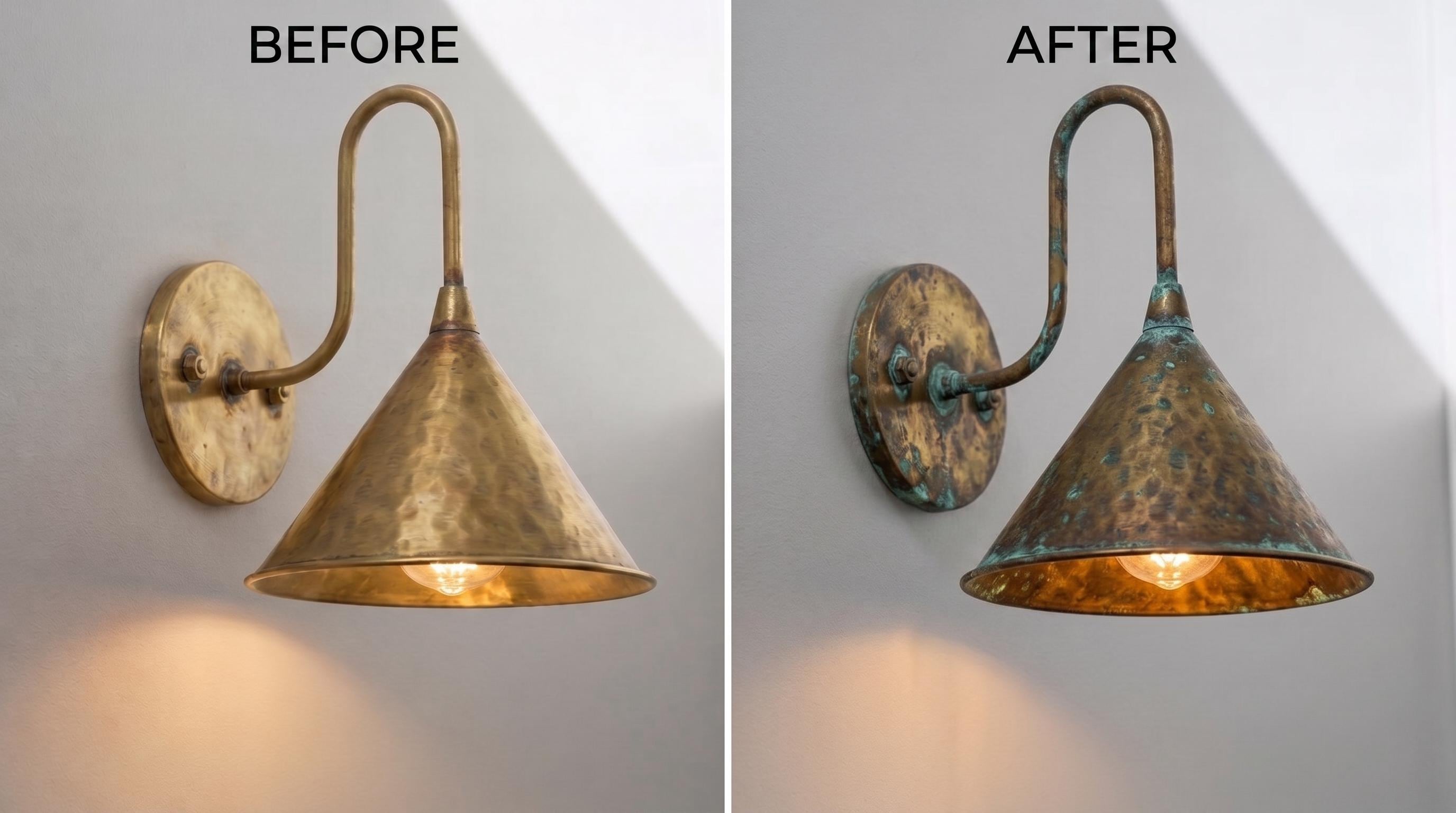 A side-by-side before and after comparison of a metal wall sconce. The left 'BEFORE' view shows a lighter, more yellow-toned brass fixture mounted on a white wall.