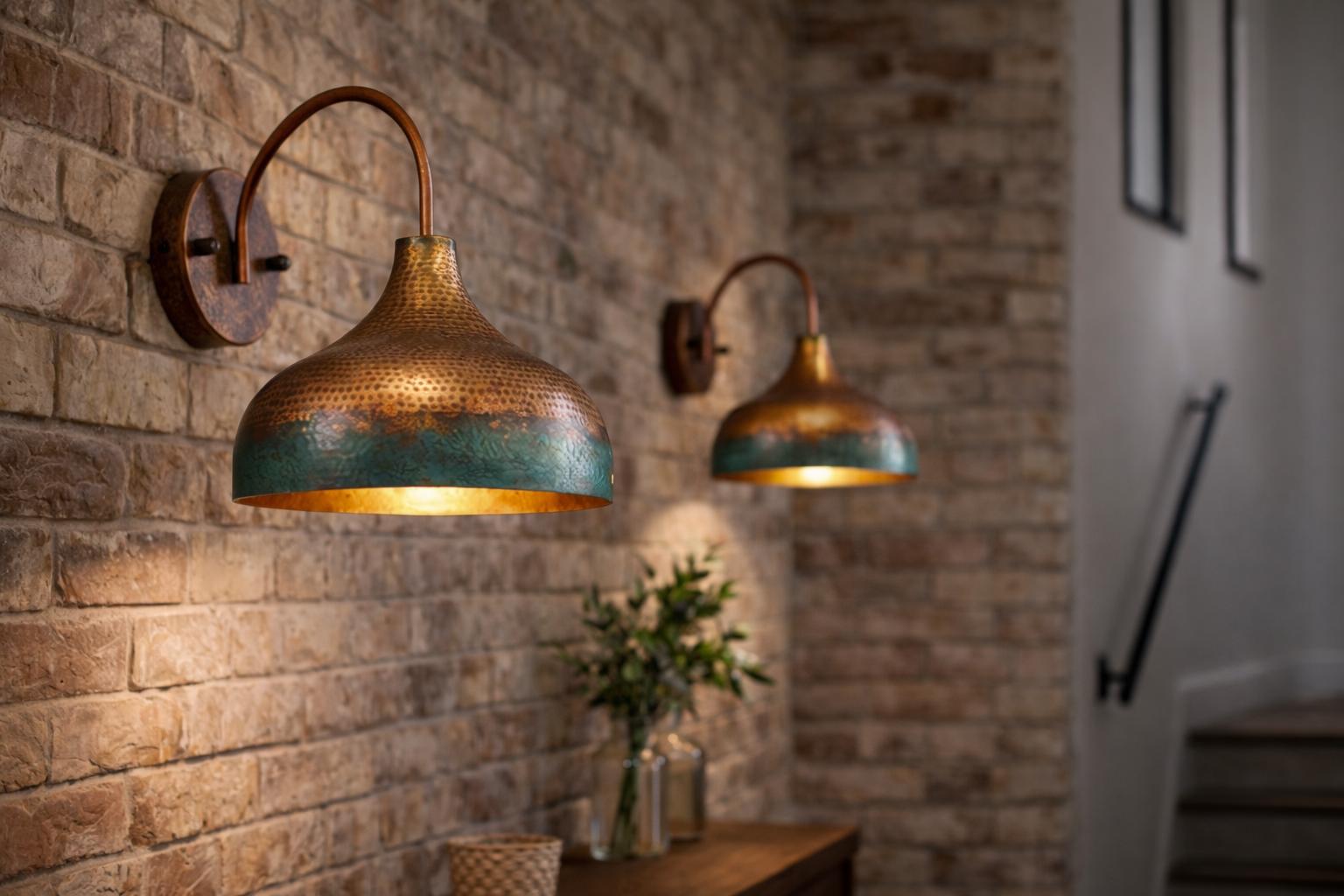 Two copper wall sconces with hammered metal shades and a teal-blue patina finish, mounted on a rustic brick wall in a warmly lit interior.