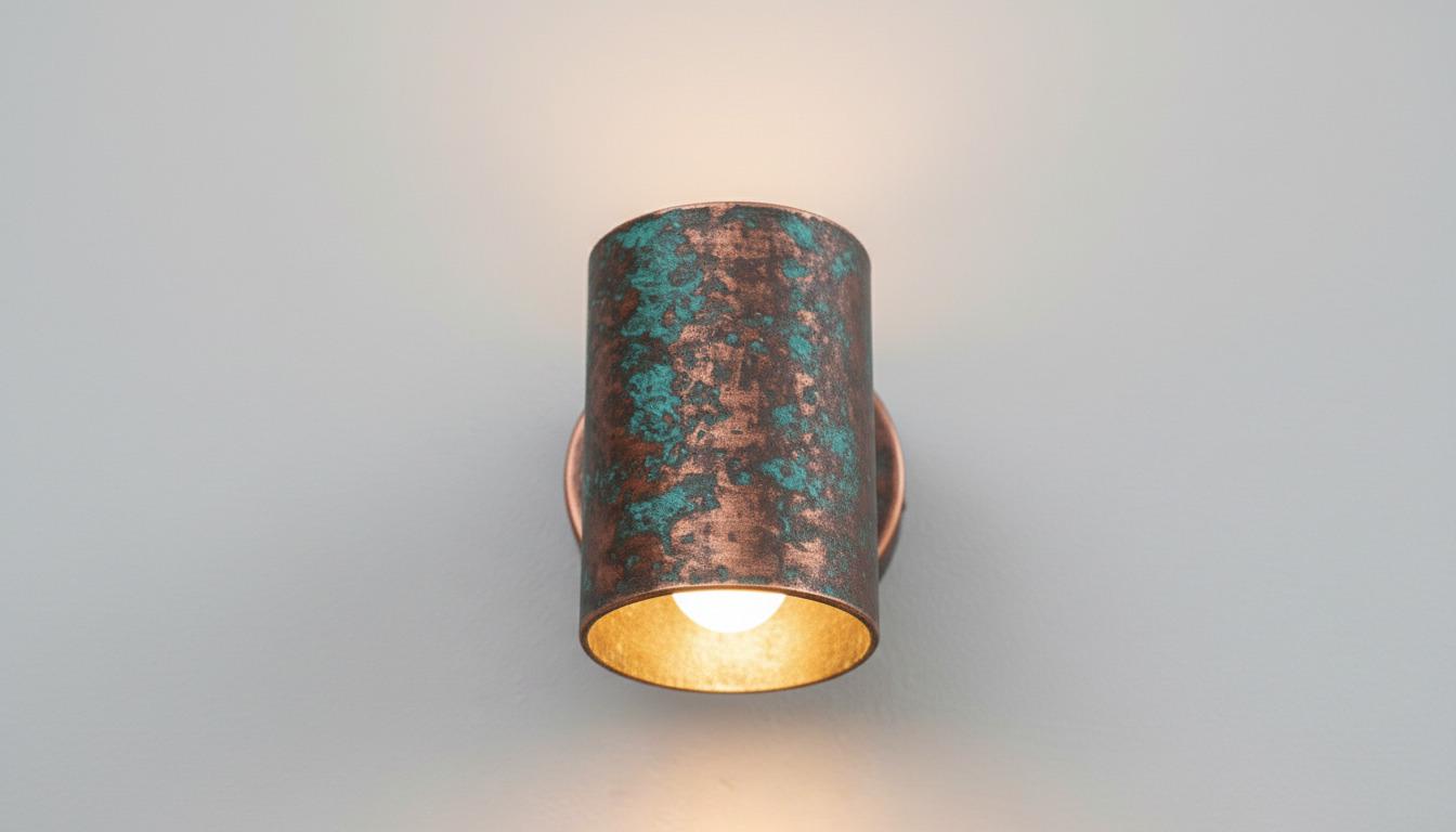 A cylindrical wall sconce with a distressed copper and turquoise patina finish, casting a warm light against a neutral gray background.
