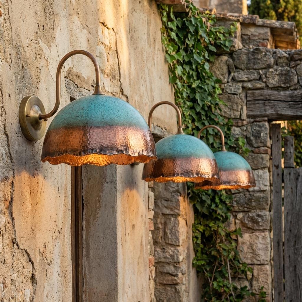 Three rustic outdoor wall sconces with hammered copper and teal-blue metal shades, mounted on a stone wall with ivy and a wooden gate in the background.