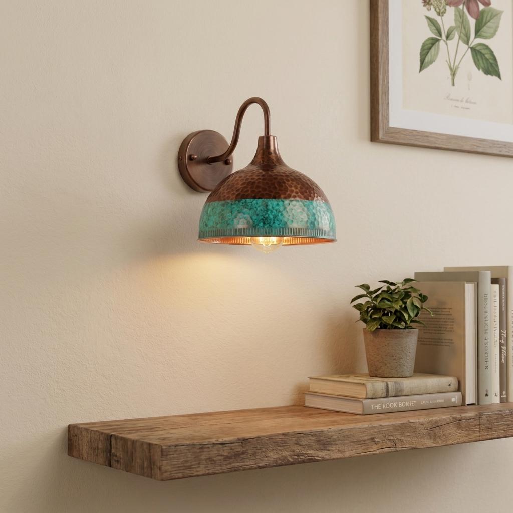 A wall-mounted sconce with a hammered copper dome shade and a turquoise patterned band, shown lit on a beige wall above a rustic wooden shelf with books and a small plant.