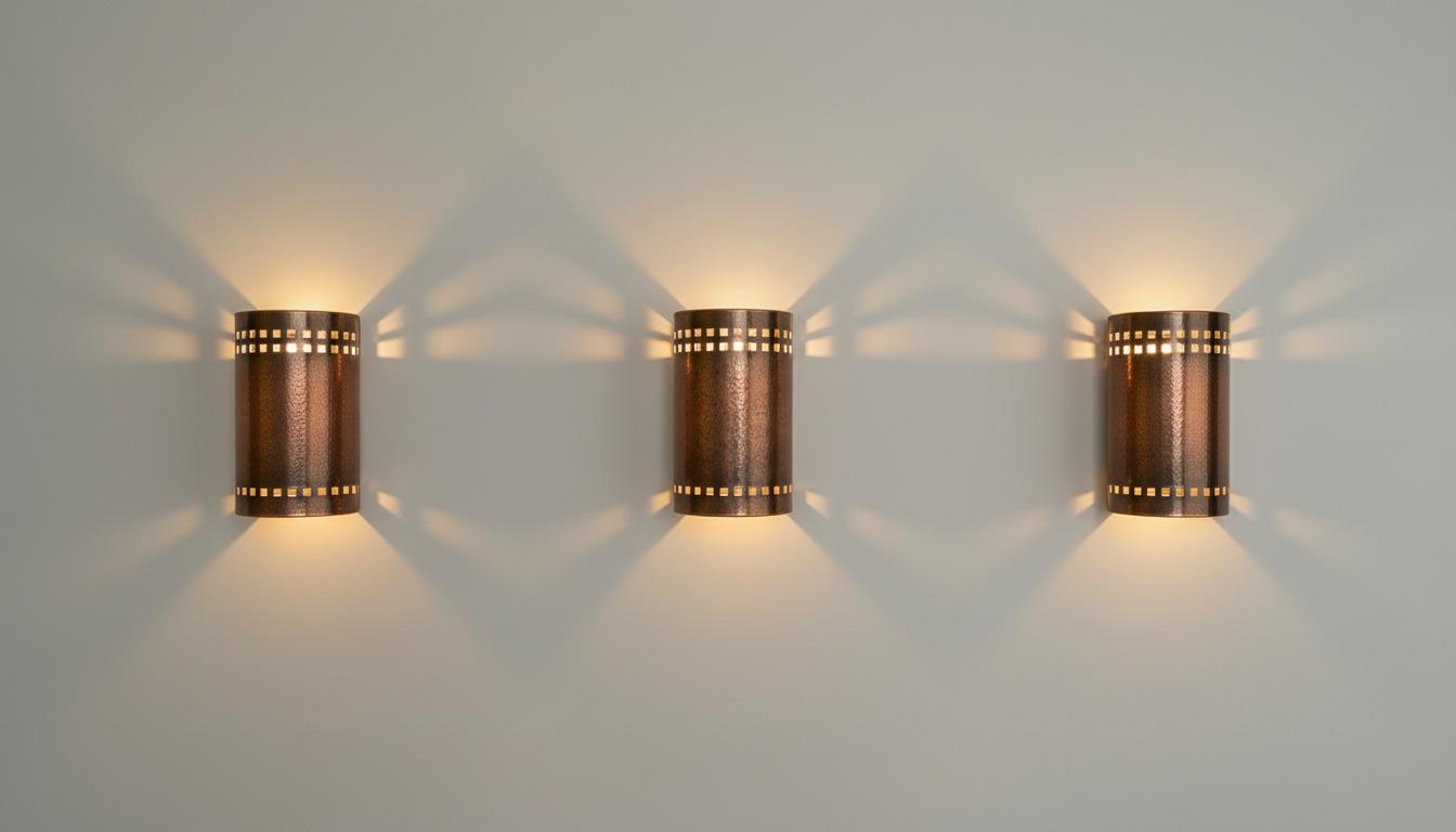 Three matching cylindrical wall sconces with a copper-toned metal finish and small cutout details, mounted on a light gray wall and casting warm light beams downward and outward.