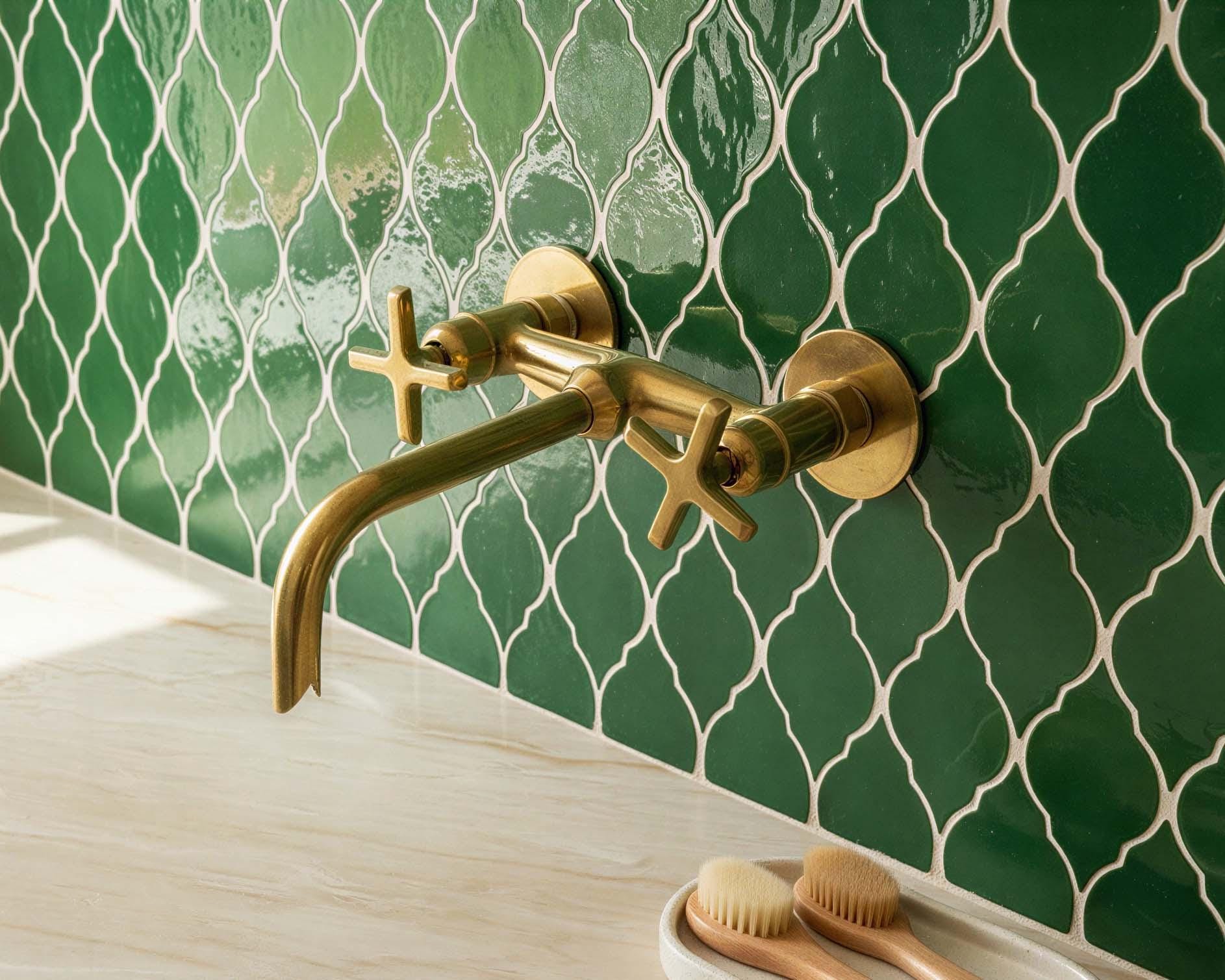 Gold faucet on a green tiled wall with a wooden surface and toothbrushes below.