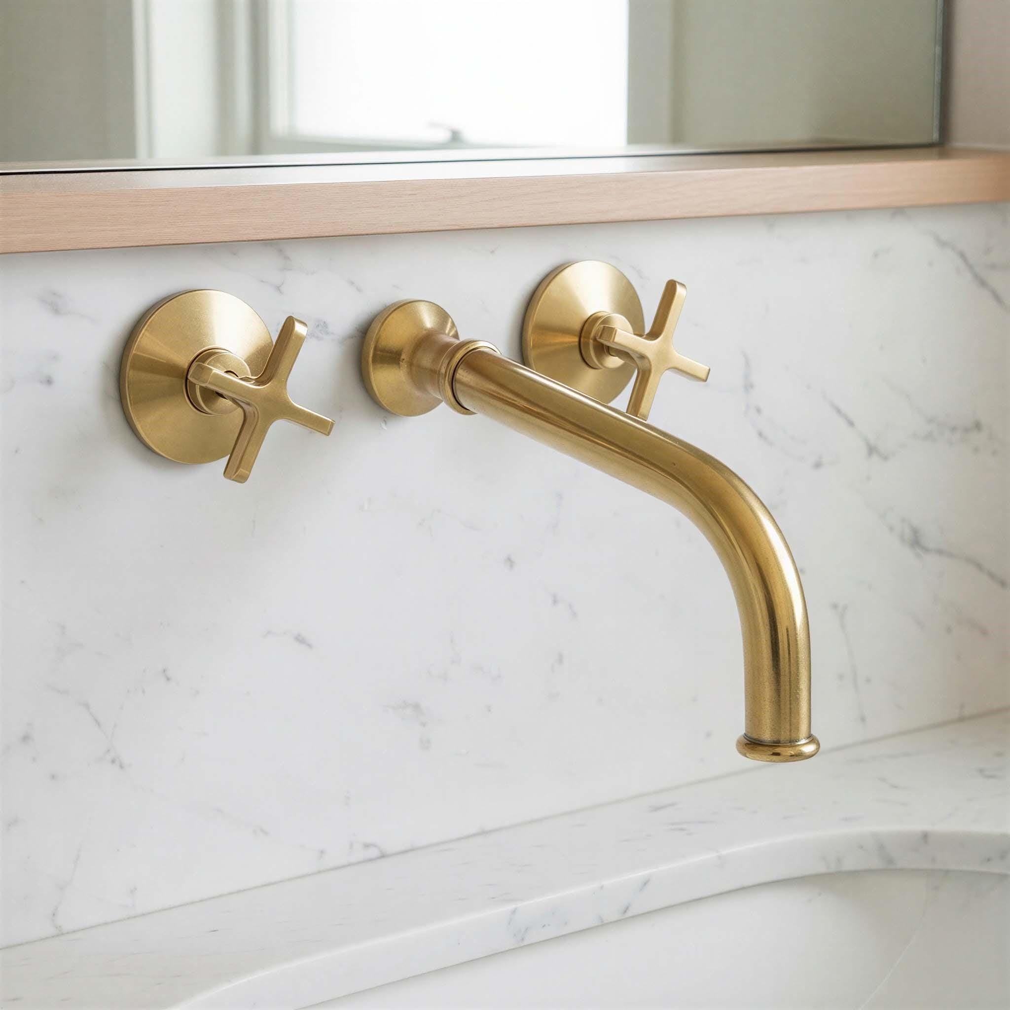 Gold faucet and handles on a marble bathroom wall
