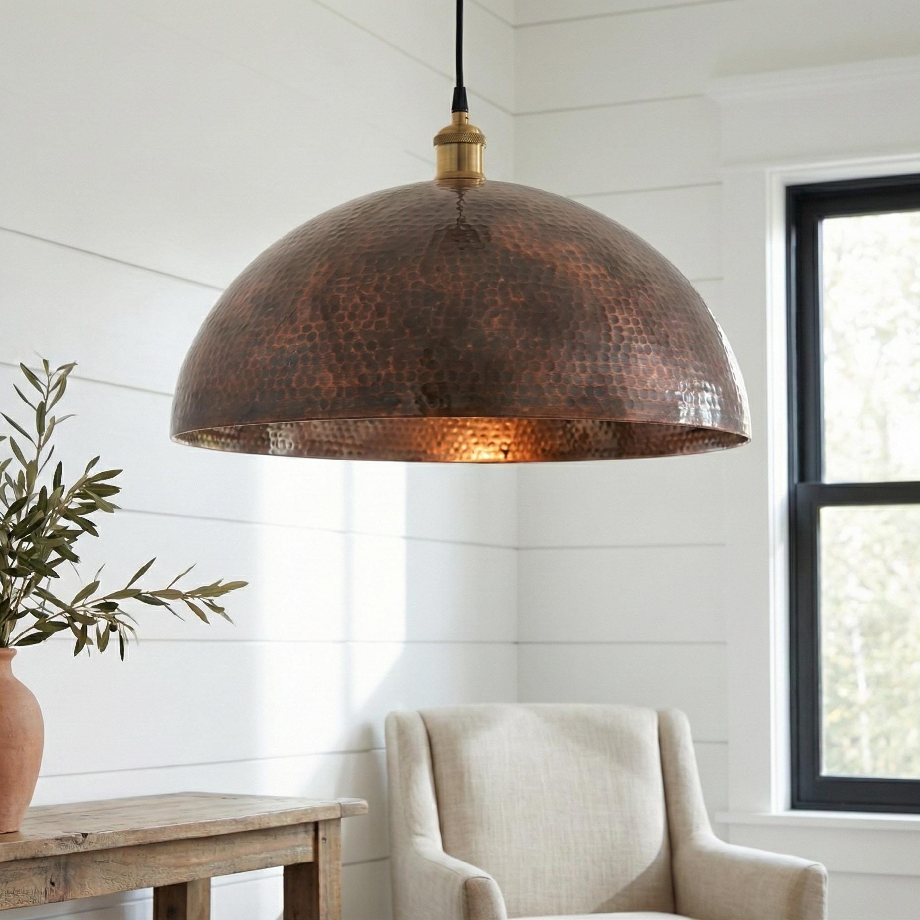 Round Aged Copper Kitchen Island Light, Hand Hammered Pendant, Textured Metal Lamp