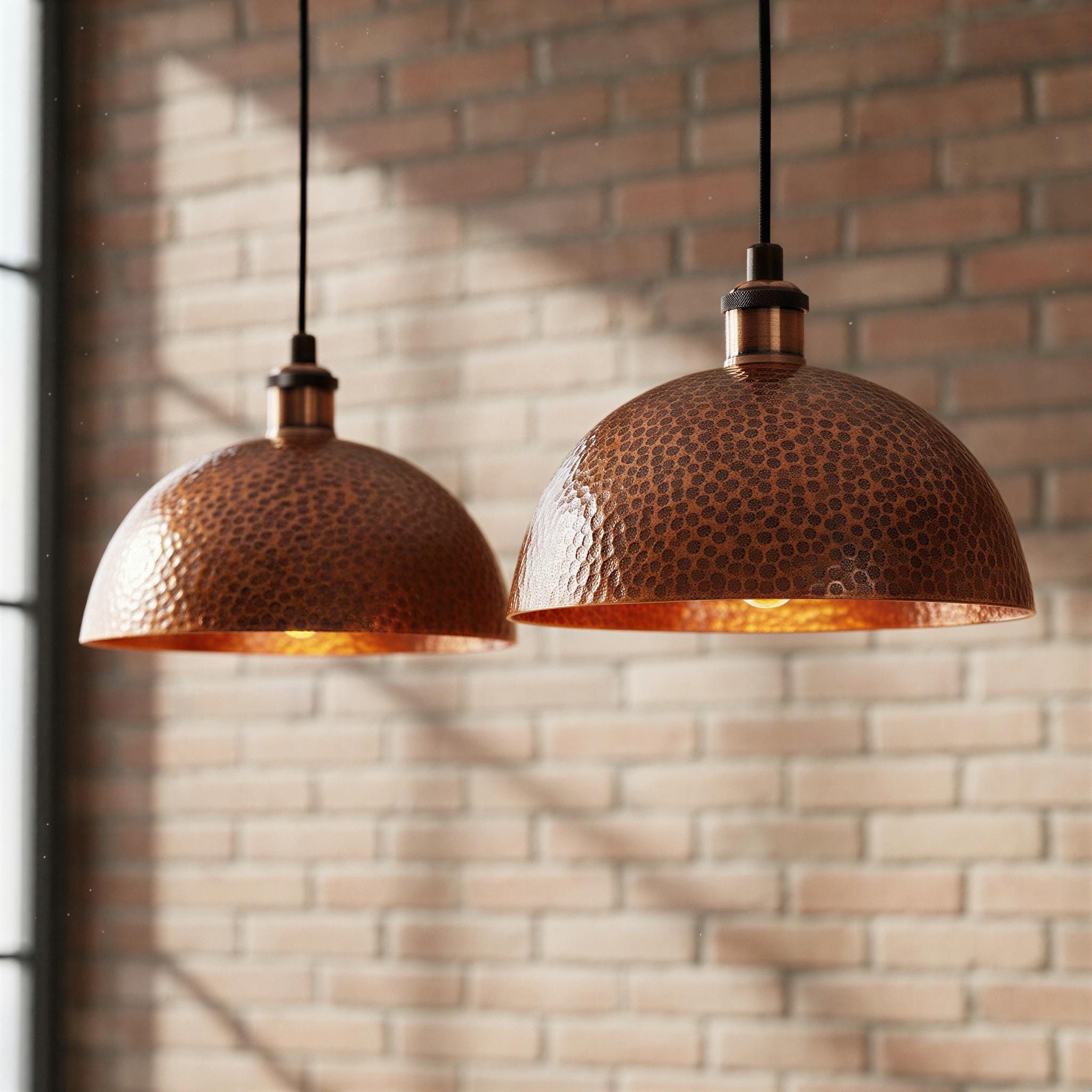 Set of 2 Copper Dome Pendant | Hammered Copper Hanging Light Fixture