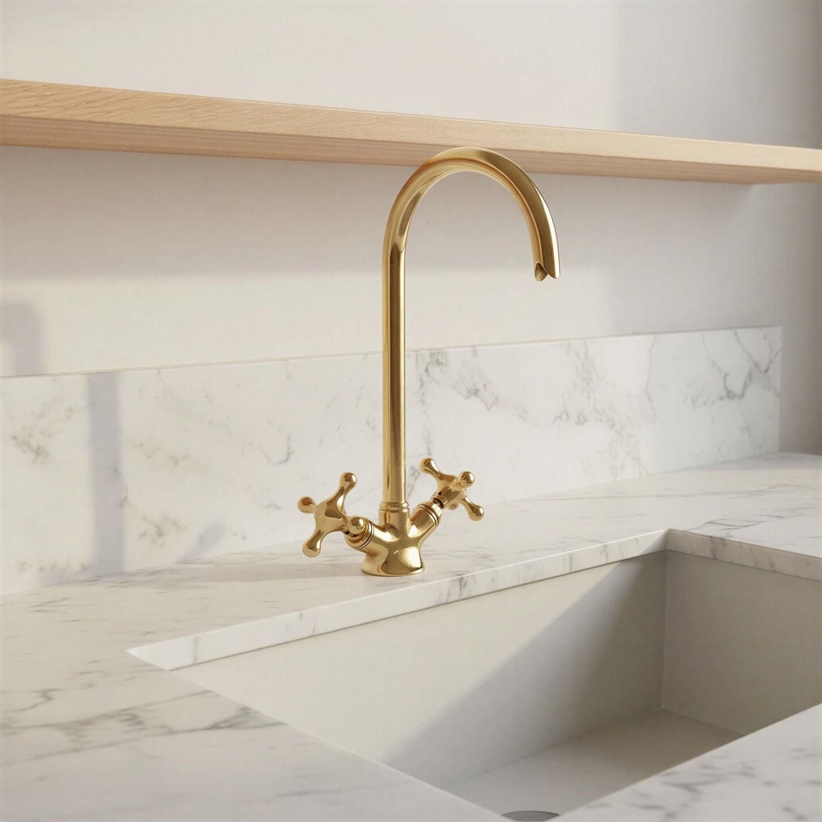 Gold kitchen faucet on a marble countertop with a neutral background