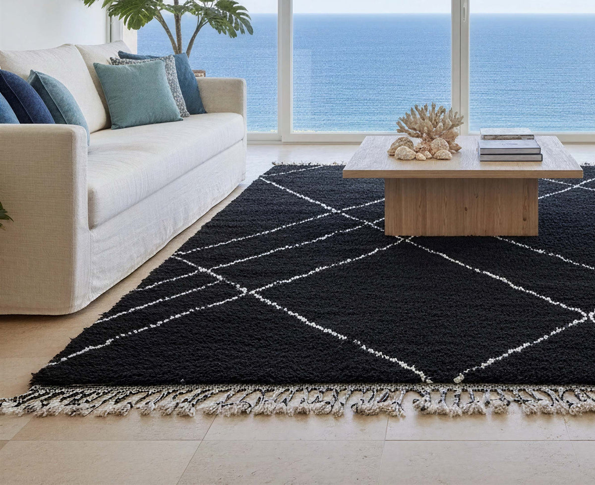 Fringe and edge detail on Black Diamond Beni Ourain Style Moroccan Wool Rug