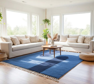 Blue Patchwork Azilal Style Moroccan Wool Rug styled in a bright living room