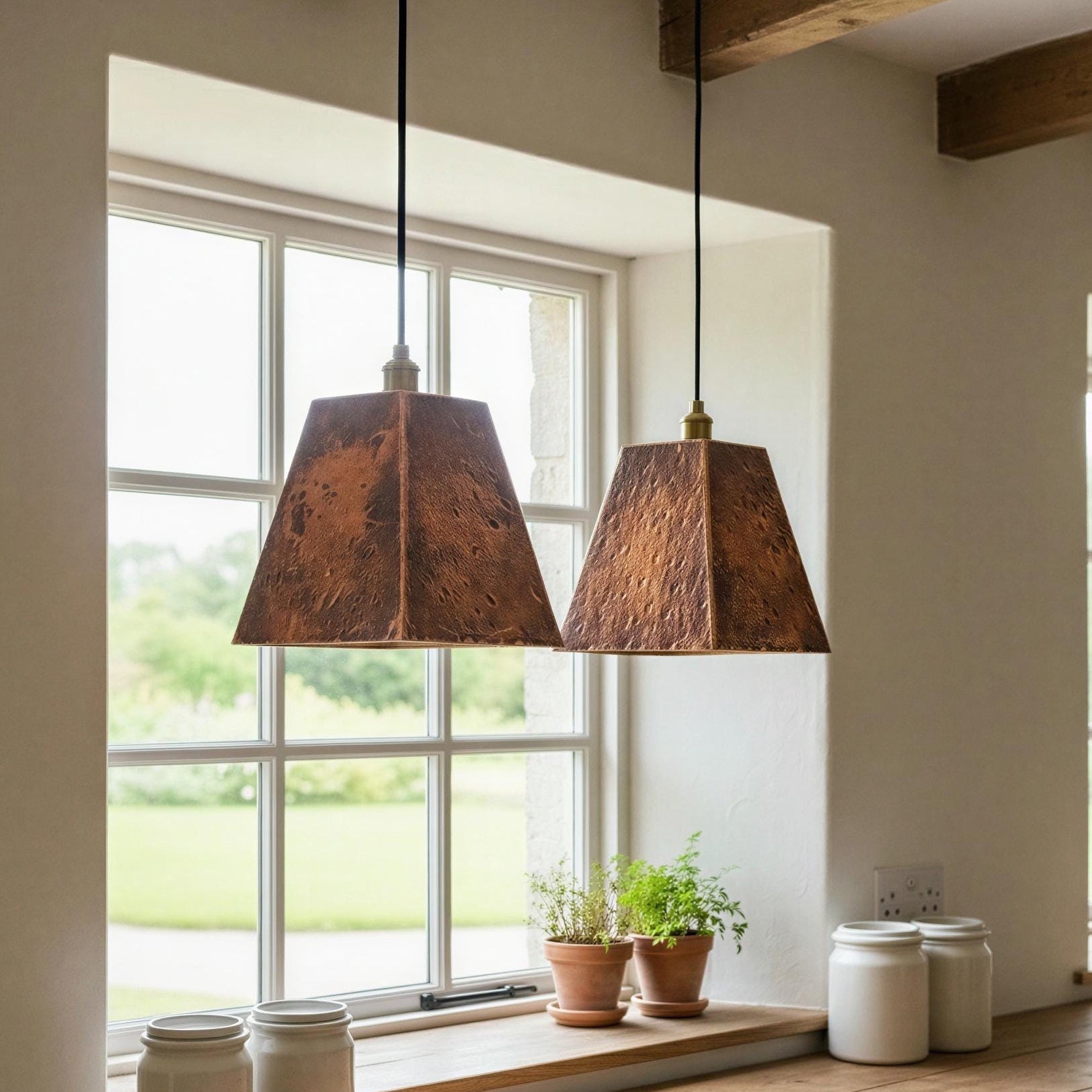 Set of 2 Rustic Pyramid Pendant Lights, Aged Copper Square Shades