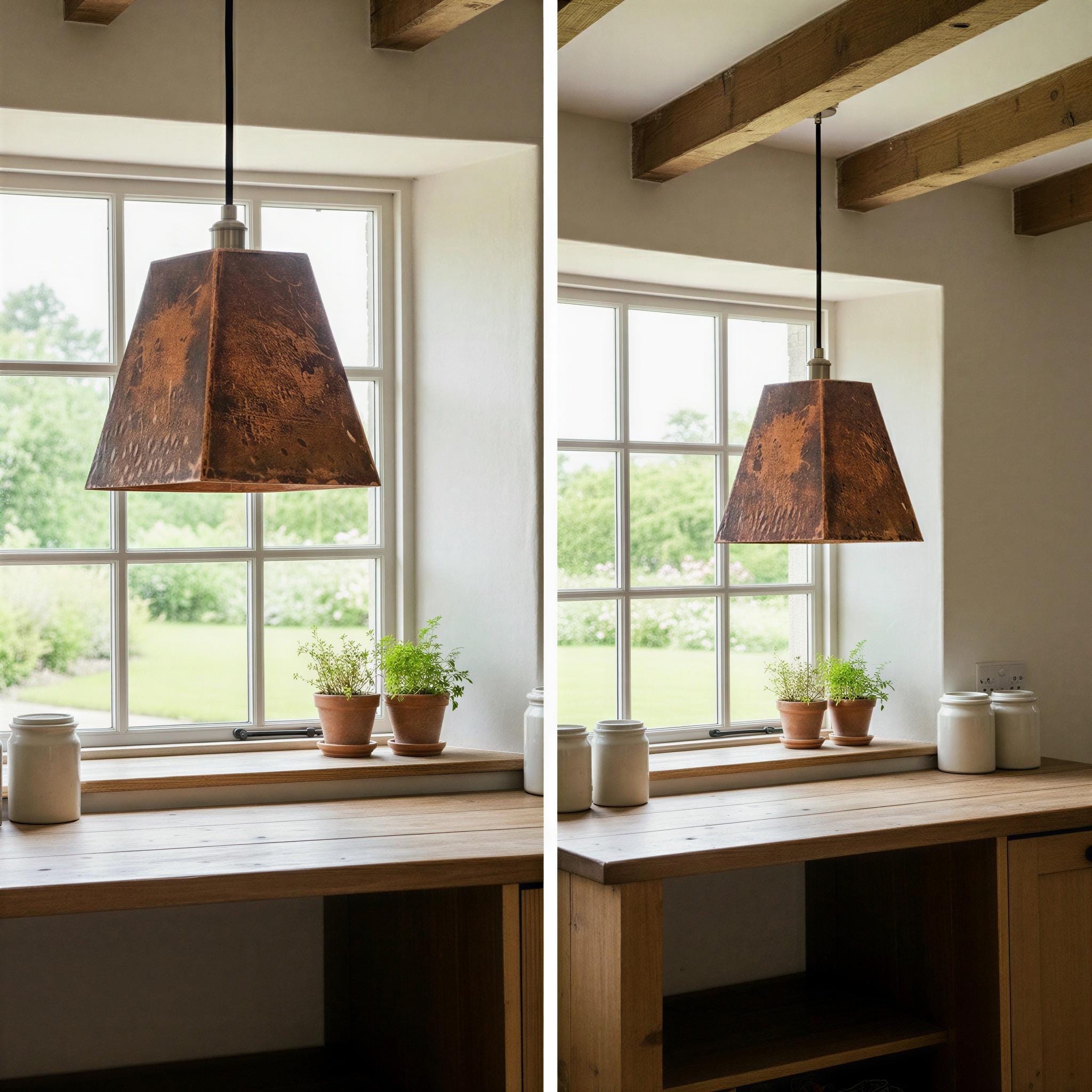 Set of 2 Rustic Pyramid Pendant Lights, Aged Copper Square Shades