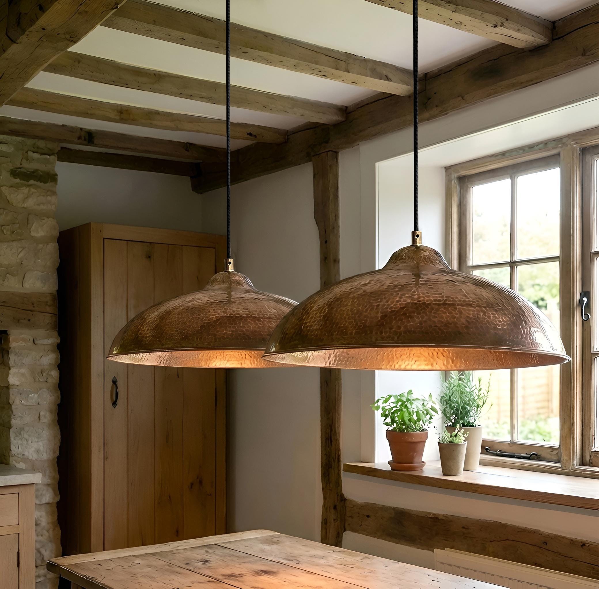 Set of 2 Hammered Copper Pendant Lights, Rustic Farmhouse Dining Table Lamps, Large Industrial Dome Shades