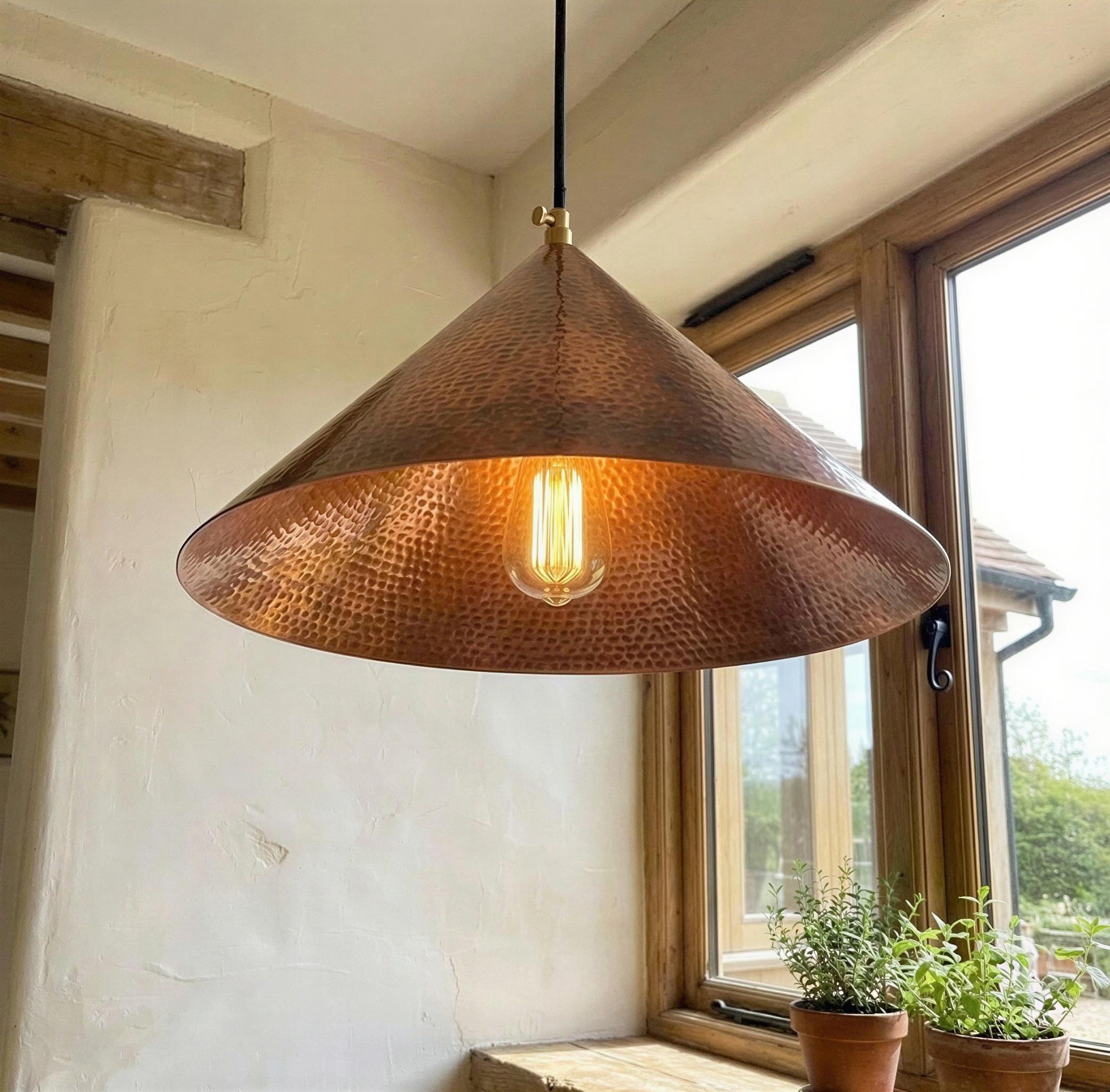 Hammered Copper Cone Pendant, Conical Ceiling Light, Rustic Copper Cone Farmhouse Kitchen Island Fixture