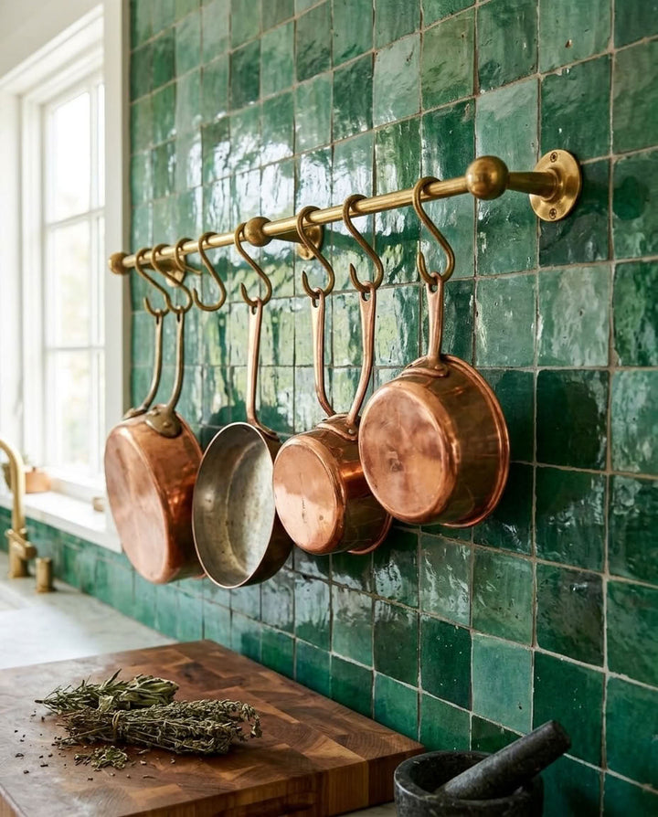 Solid Brass Kitchen Pot Rail with S Hooks – main product view
