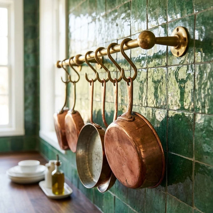Solid Brass Kitchen Pot Rail with S Hooks – detail view 2