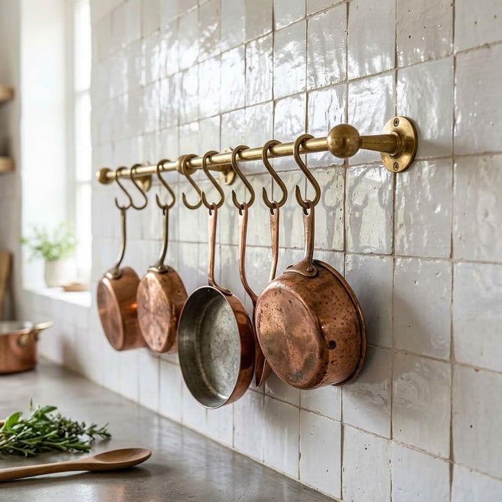 Solid Brass Kitchen Pot Rail with S Hooks – detail view 3