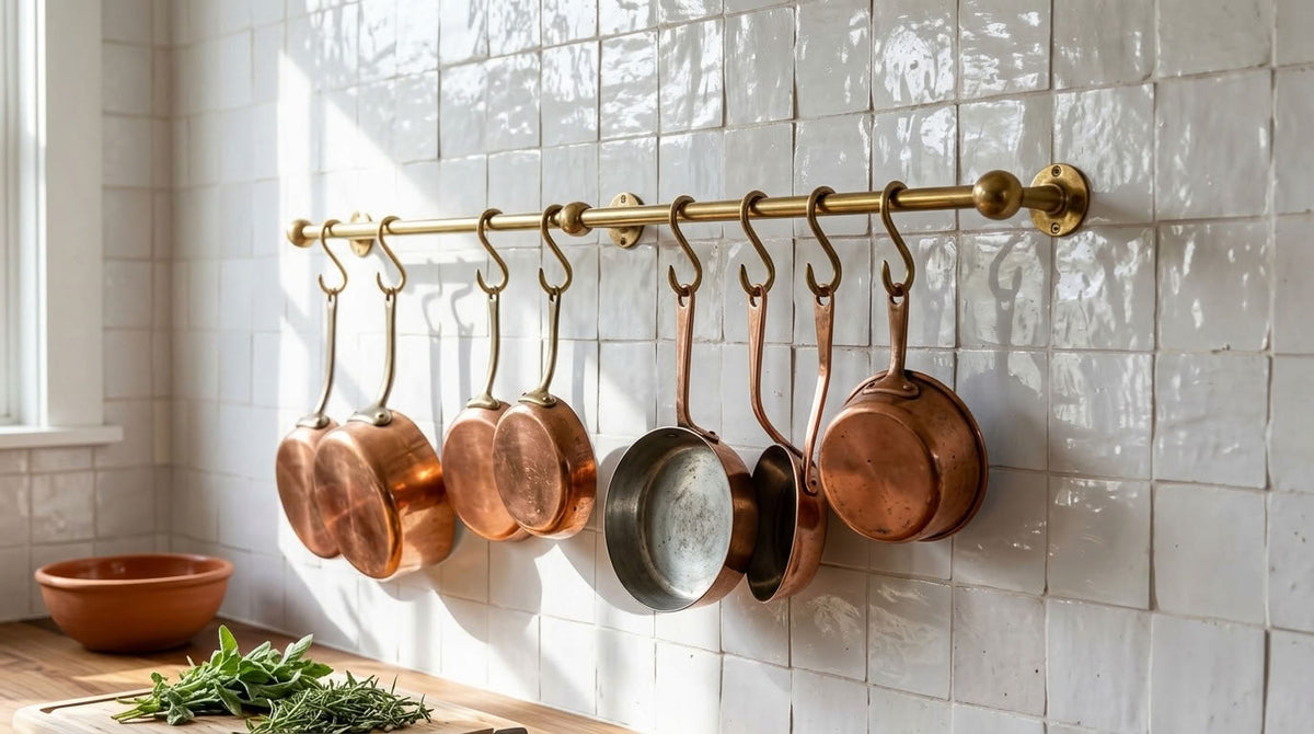 Solid Brass Kitchen Pot Rail with S Hooks – detail view 4