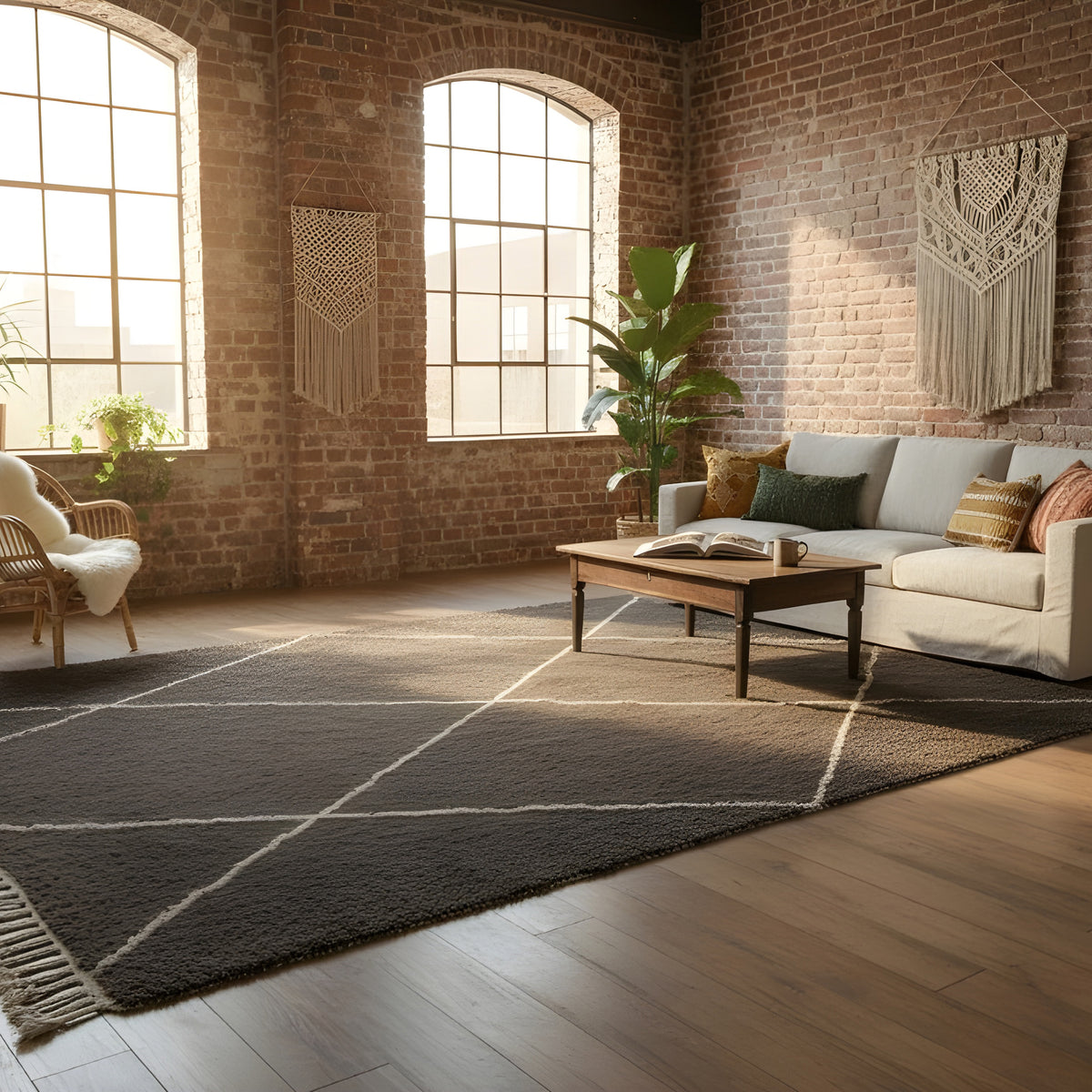 Close-up of the artisan weave on Charcoal Diamond Beni Ourain Style Wool Rug