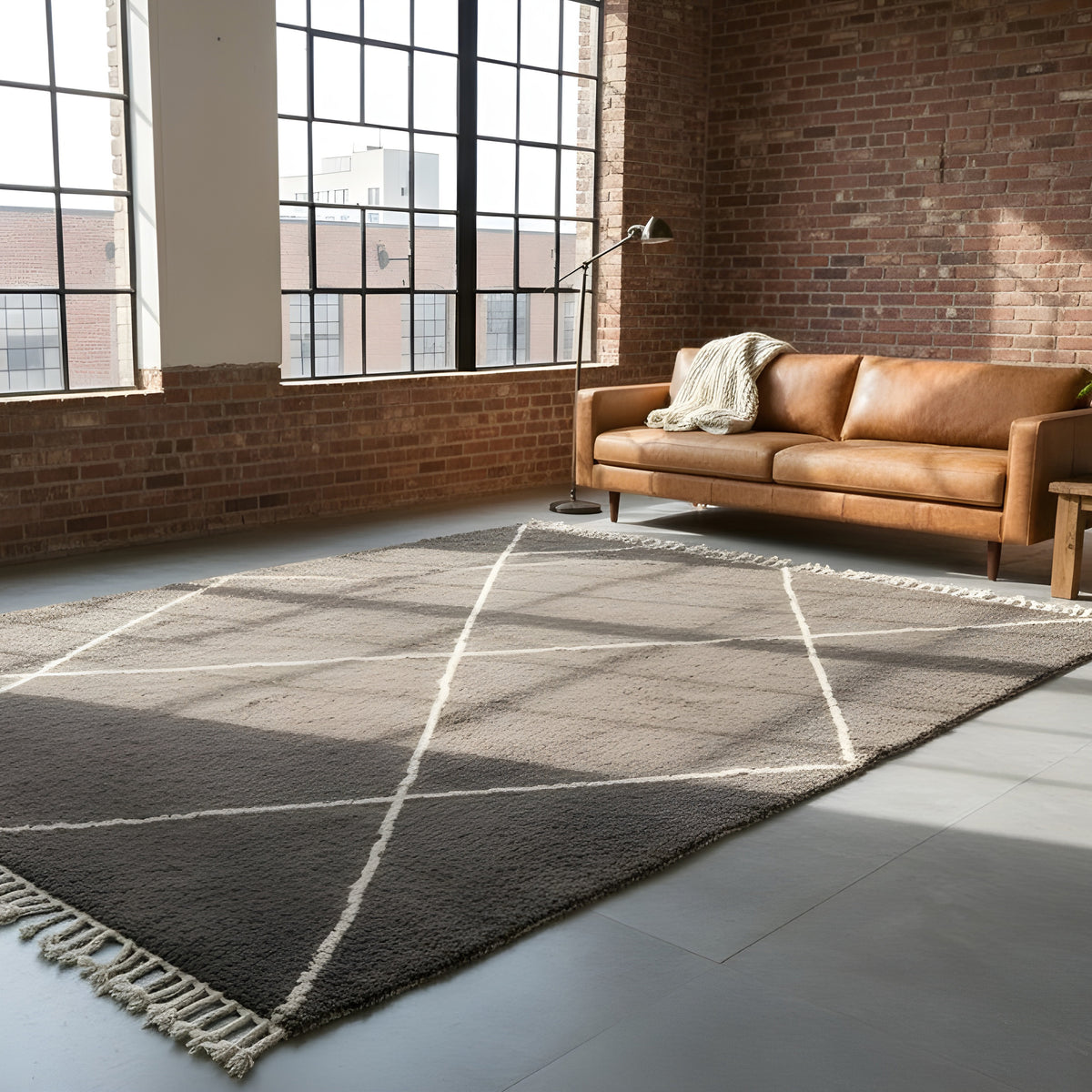 Fringe and edge detail on Charcoal Diamond Beni Ourain Style Wool Rug