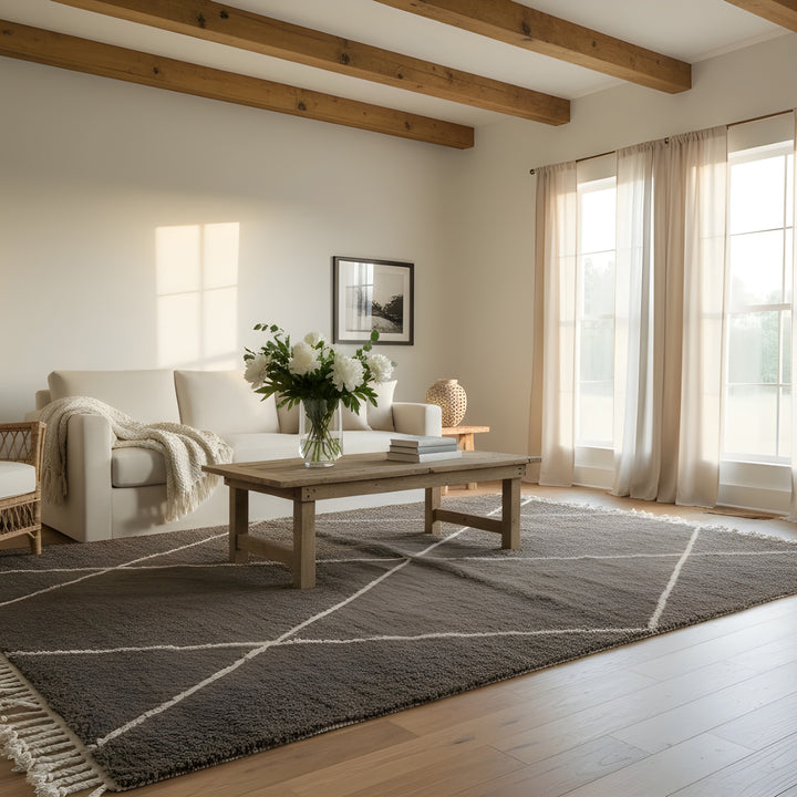Charcoal Diamond Beni Ourain Style Wool Rug styled in a bright living room
