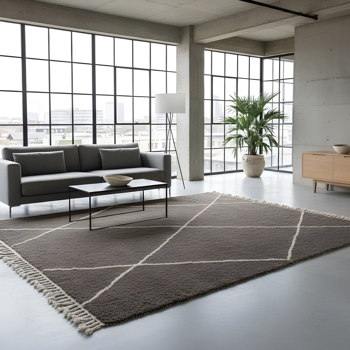 Charcoal Diamond Beni Ourain Style Wool Rug styled in a modern interior