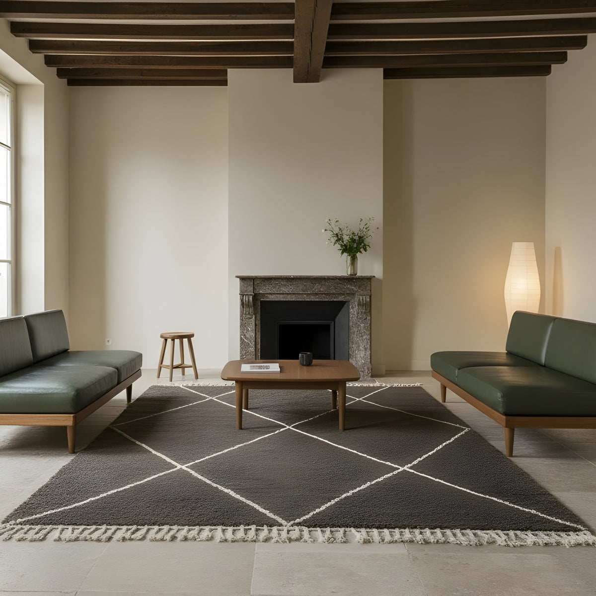 Handwoven wool texture of Charcoal Diamond Beni Ourain Style Wool Rug