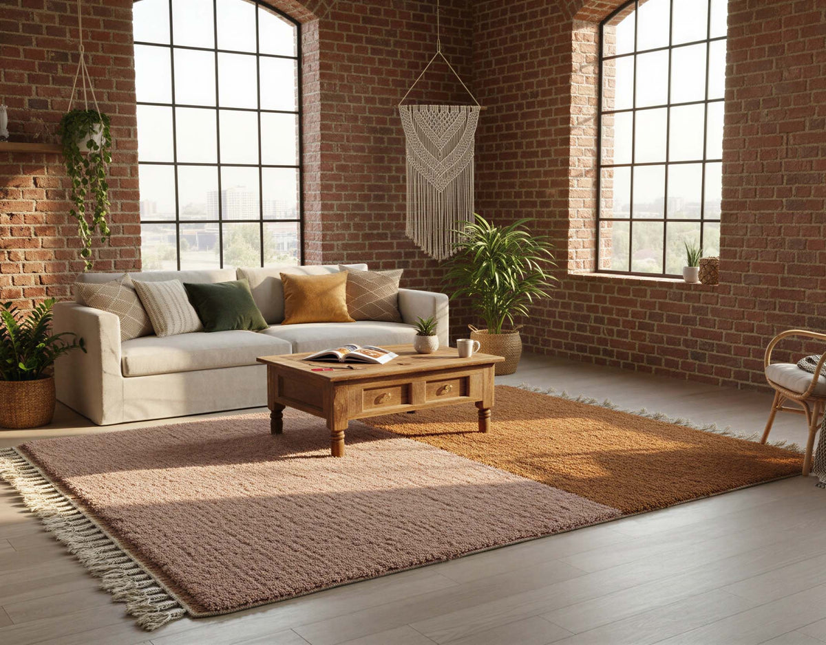 Fringe and edge detail on Cinnamon Brown Minimalist Moroccan Wool Rug