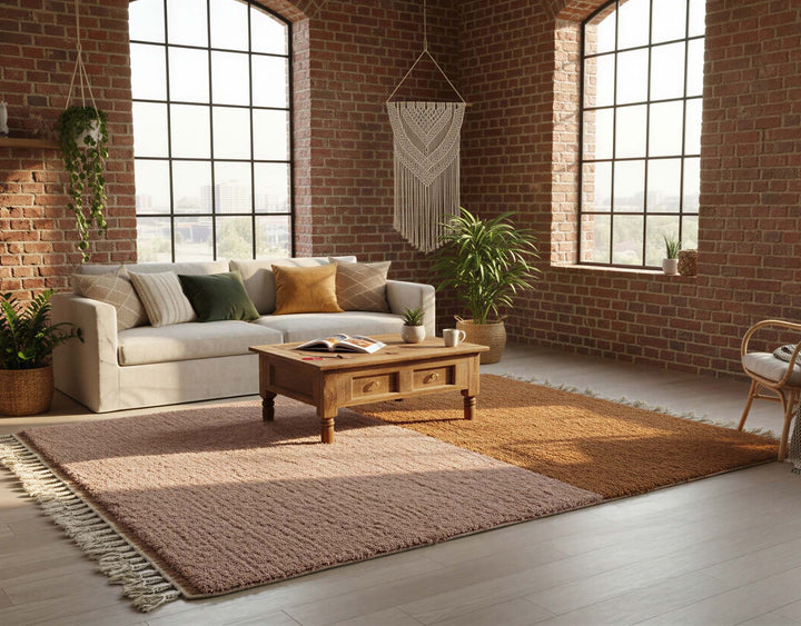 Fringe and edge detail on Cinnamon Brown Minimalist Moroccan Wool Rug