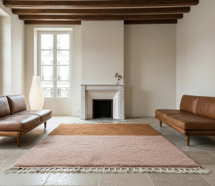Full view of cinnamon brown minimalist solid Moroccan wool rug
