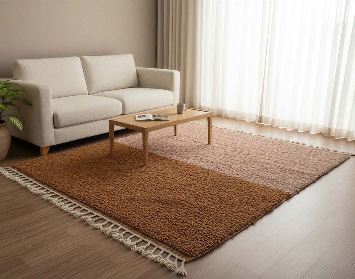 Cinnamon Brown Minimalist Moroccan Wool Rug styled in a bright living room