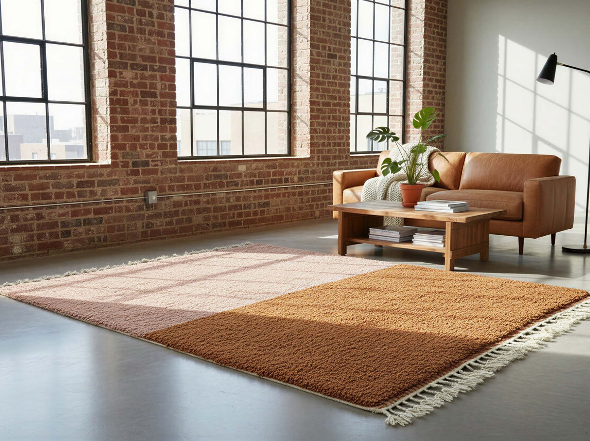 Cinnamon Brown Minimalist Moroccan Wool Rug styled in a modern interior