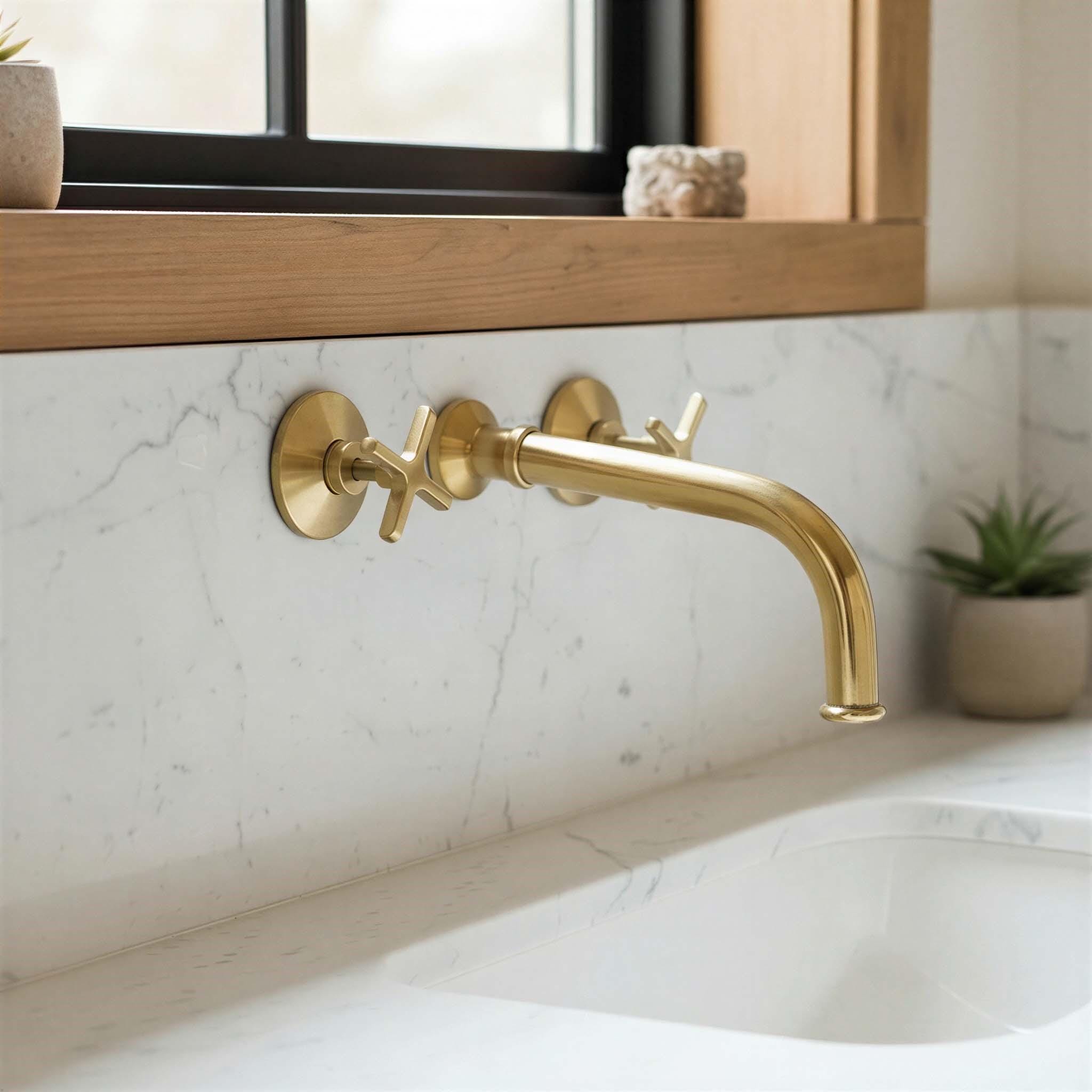 Unlacquered Wall Mounted Brass Faucet: Polished Brass Tap with Flat Cross Handles